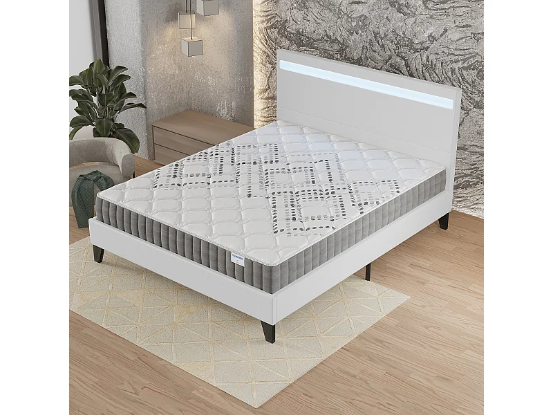 Ensemble Matelas + lit 160x200 cm, Matelas 20cm ressorts ensachés, accueil mousse, lit à tête de lit LED similicuir blanc