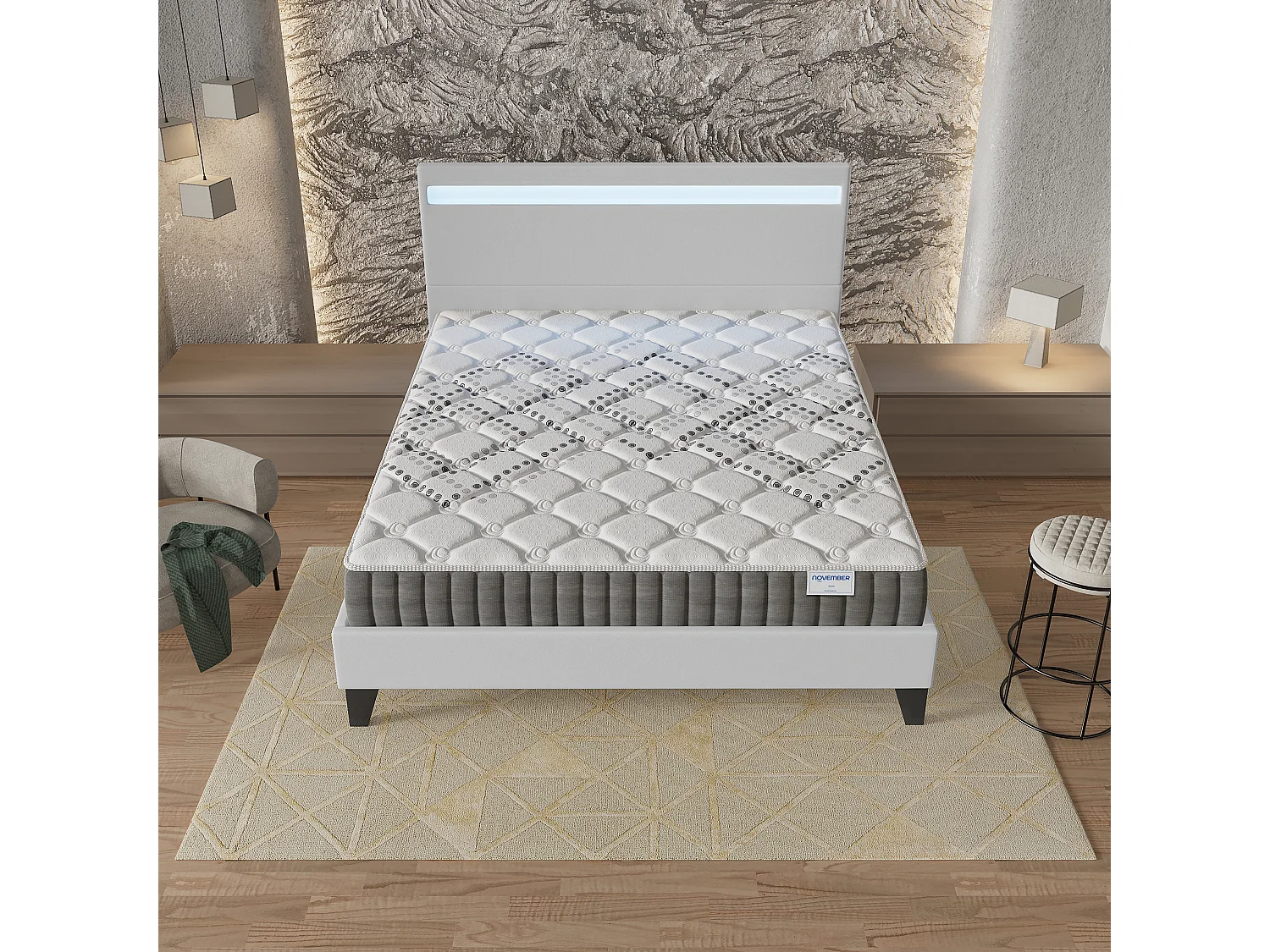 Ensemble Matelas + lit 160x200 cm, Matelas 20cm ressorts ensachés, accueil mousse, lit à tête de lit LED similicuir blanc