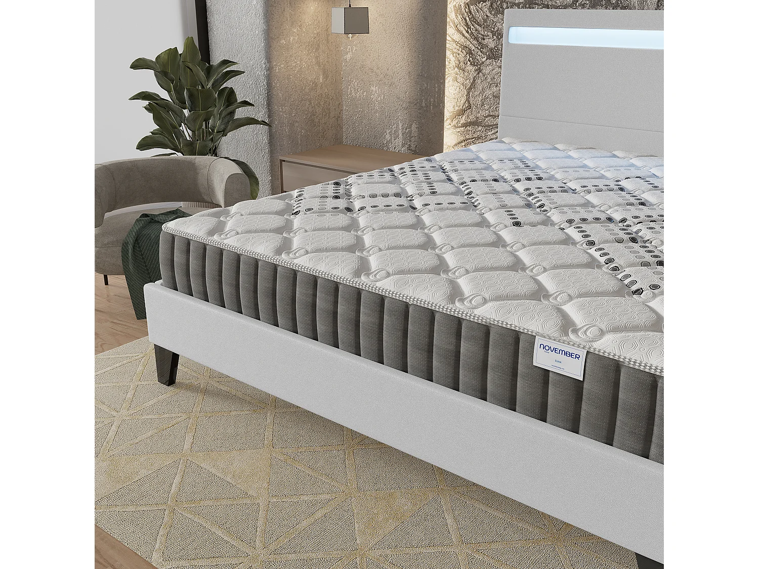 Ensemble Matelas + lit 160x200 cm, Matelas 20cm ressorts ensachés, accueil mousse, lit à tête de lit LED similicuir blanc