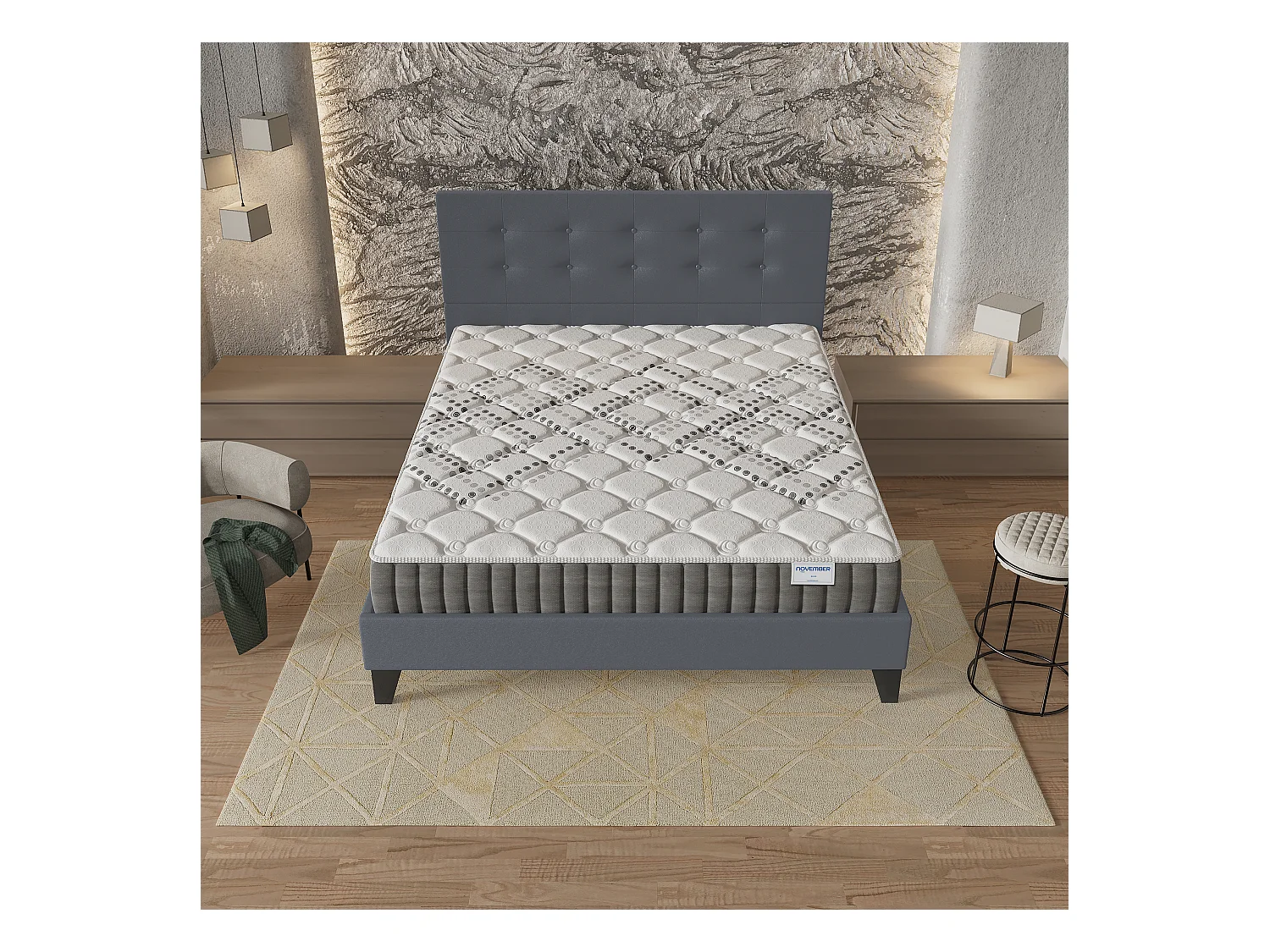 Ensemble 160x200 cm, lit avec tête de lit + matelas ressorts ensachés, ép.20cm accueil mousse HR