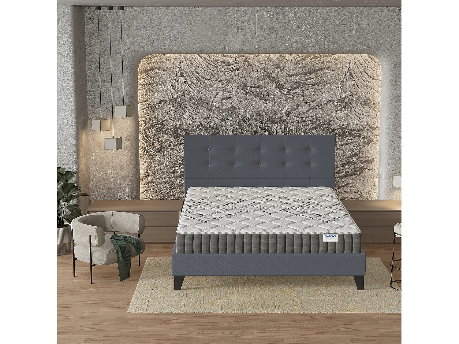 Ensemble 160x200 cm, lit avec tête de lit + matelas ressorts ensachés, ép.20cm accueil mousse HR