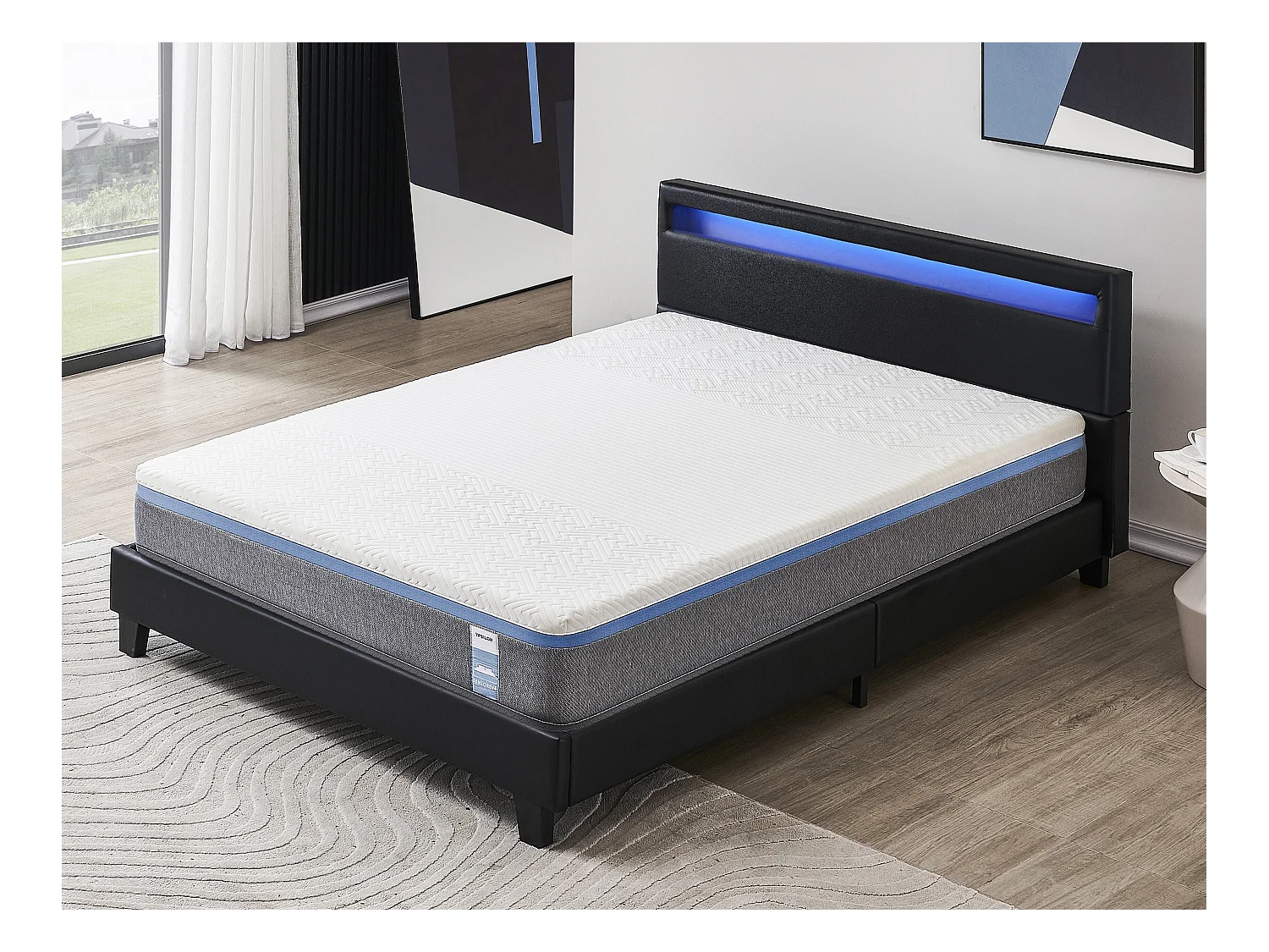 Ensemble Matelas Mousse + Lit Avec Tête De Lit 140x190cm Epaisseur 28cm Souple Accueil Latex Naturel