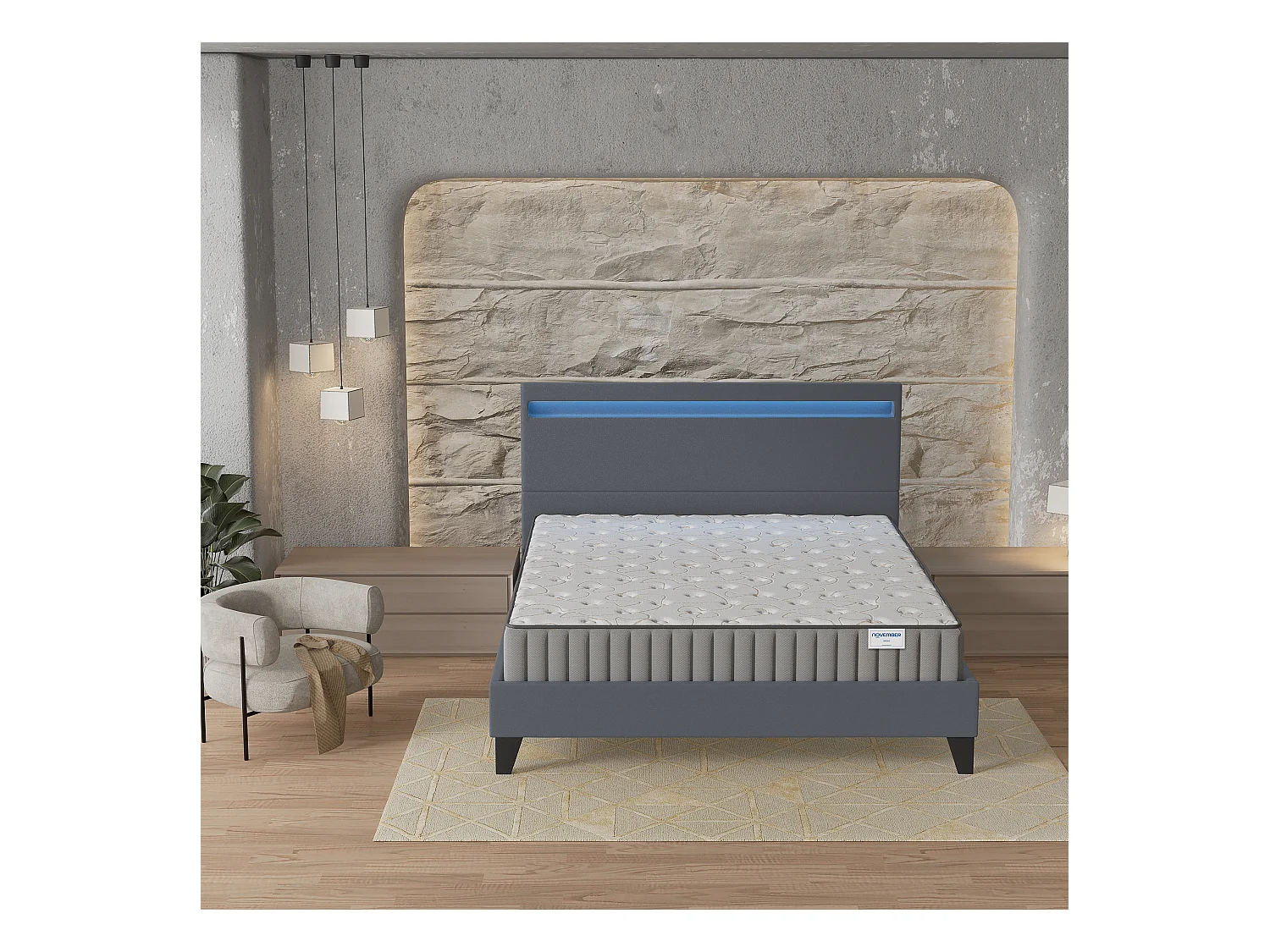 Ensemble Matelas + lit 140x190 cm, Matelas 16cm mousse, accueil mémoire de forme, lit à tête de lit LED similicuir gris
