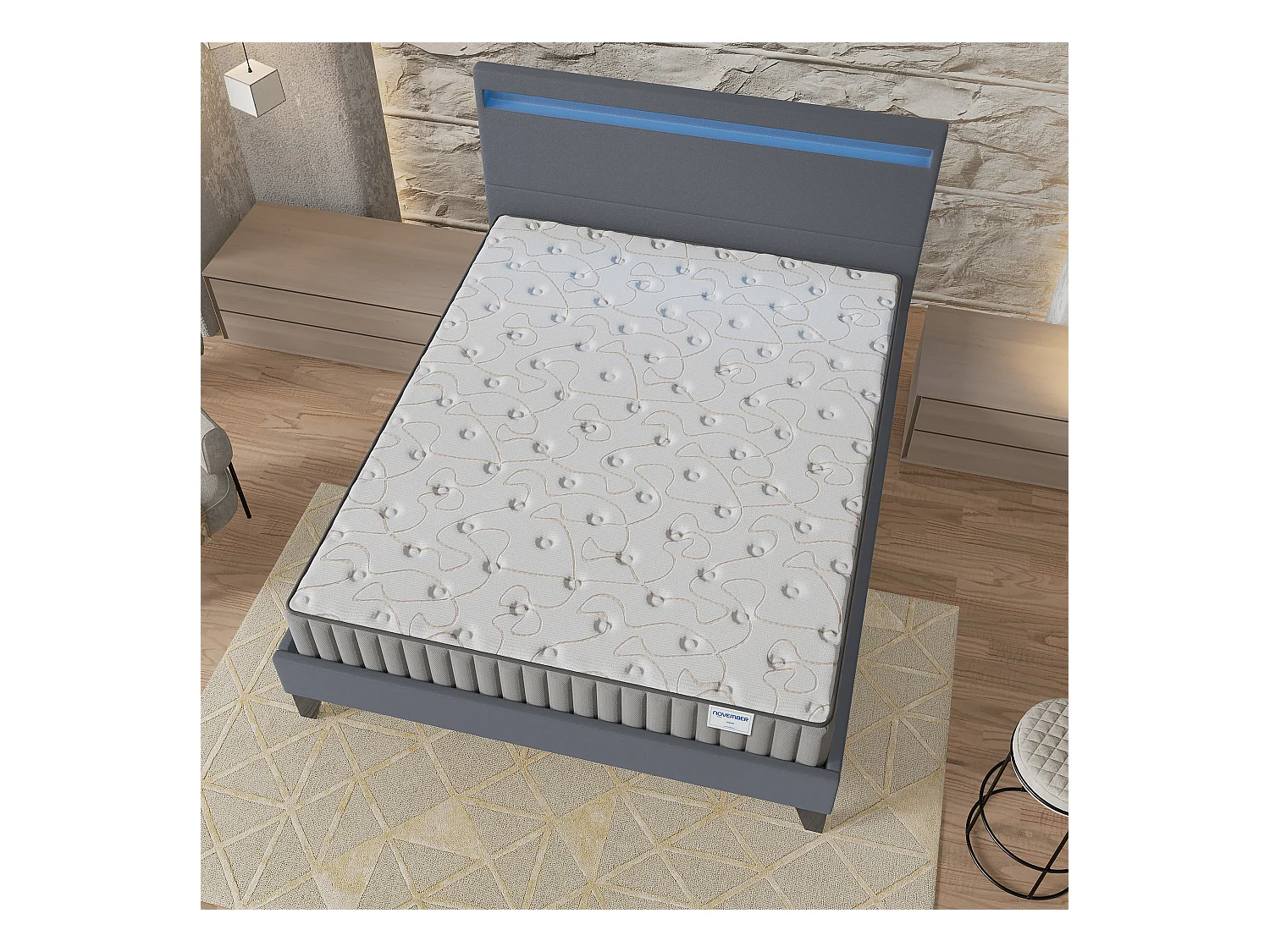 Ensemble Matelas + lit 140x190 cm, Matelas 16cm mousse, accueil mémoire de forme, lit à tête de lit LED similicuir gris