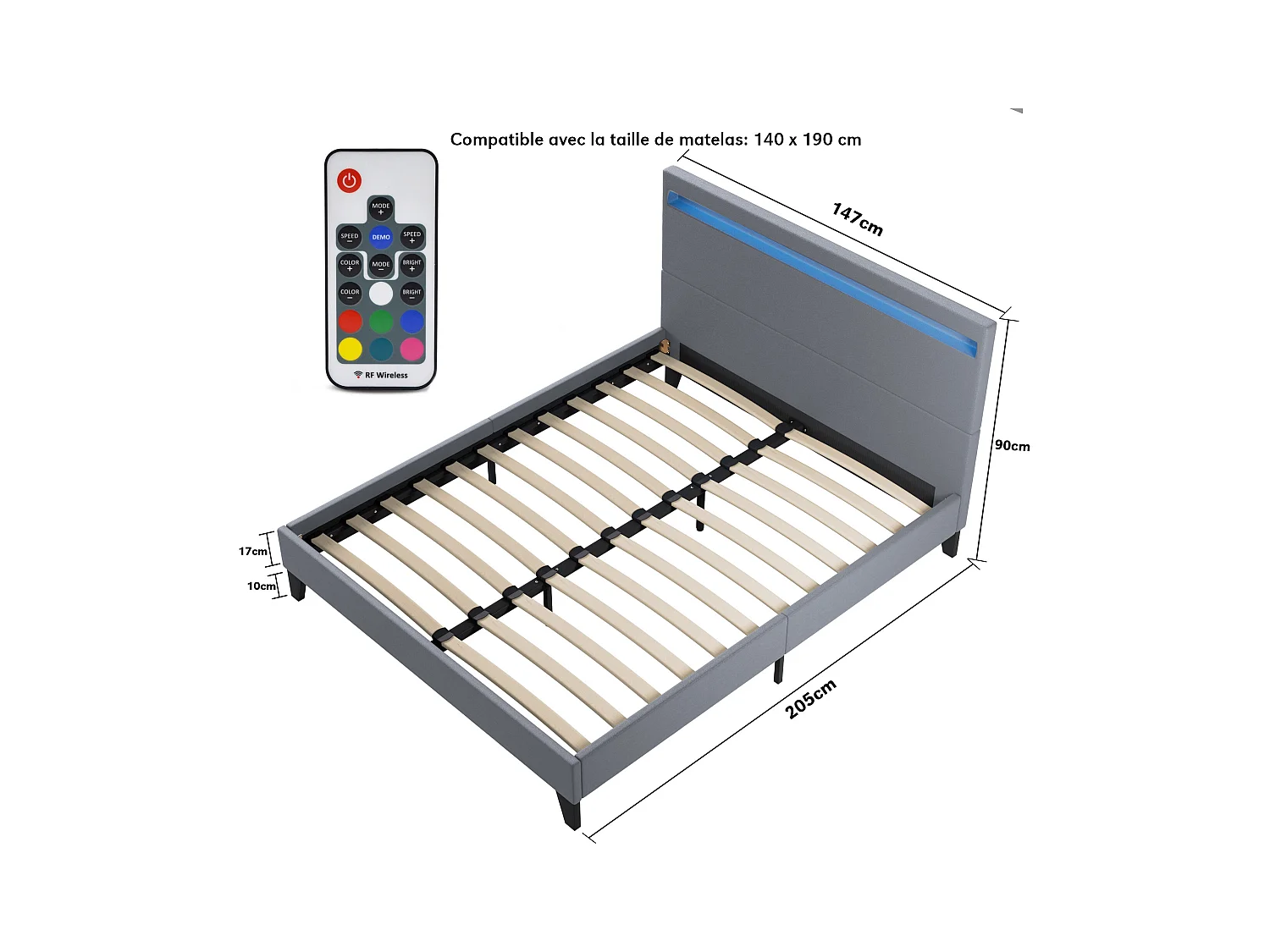 Ensemble Matelas + lit 140x190 cm, Matelas 16cm mousse, accueil mémoire de forme, lit à tête de lit LED similicuir gris