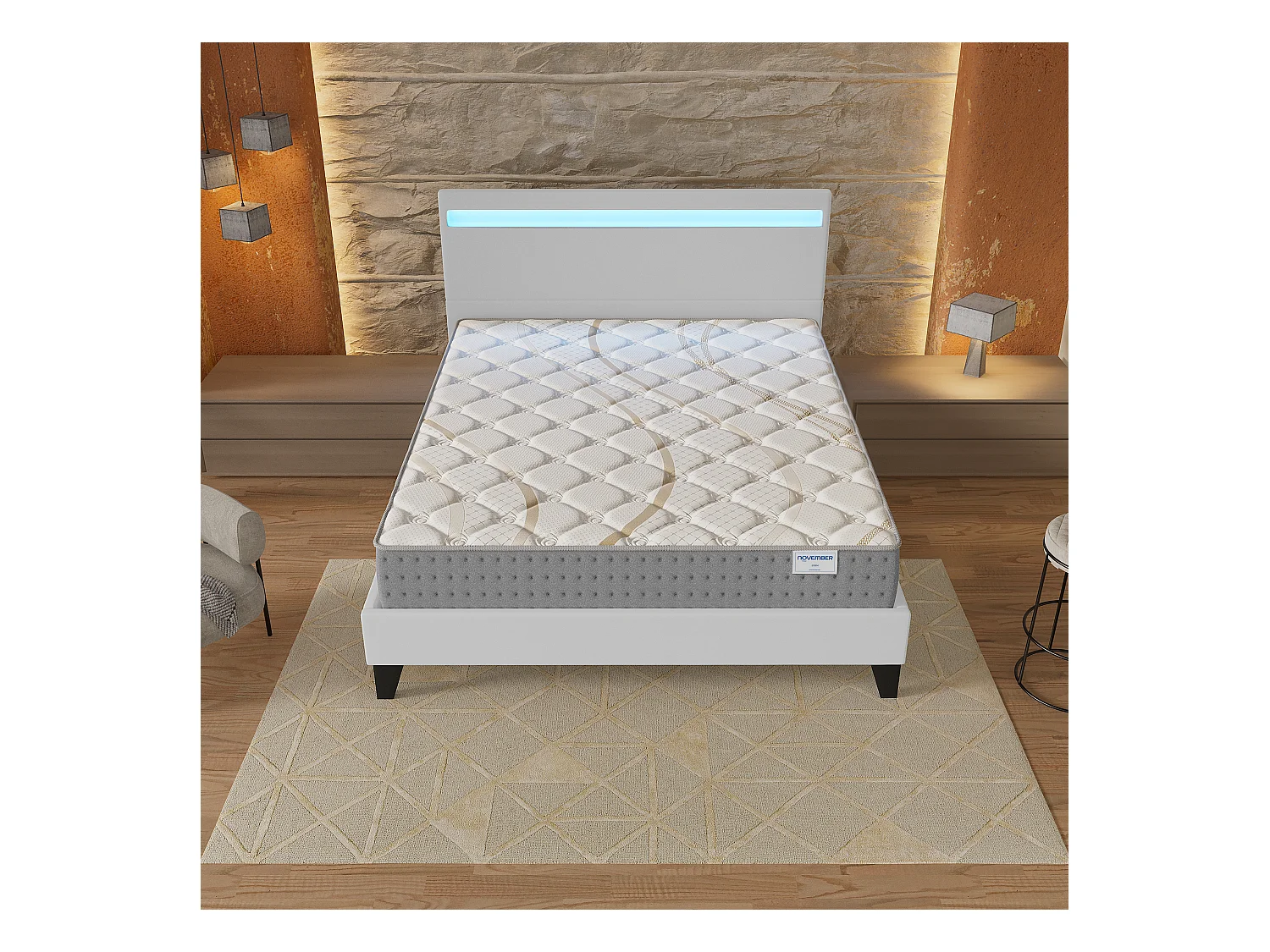 Ensemble Matelas + lit 140x190 cm, Matelas 25cm ressorts ensachés, accueil mousse, lit à tête de lit LED similicuir blanc