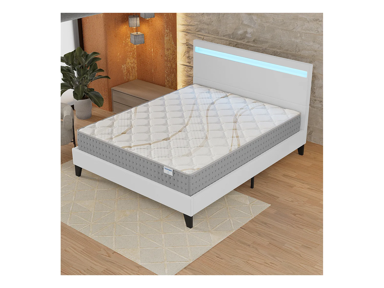 Ensemble Matelas + lit 140x190 cm, Matelas 25cm ressorts ensachés, accueil mousse, lit à tête de lit LED similicuir blanc