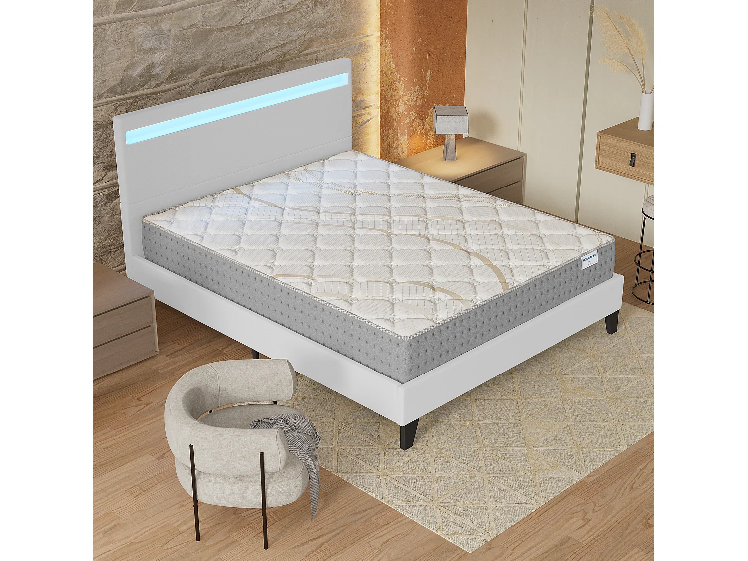 Ensemble Matelas + lit 140x190 cm, Matelas 25cm ressorts ensachés, accueil mousse, lit à tête de lit LED similicuir blanc