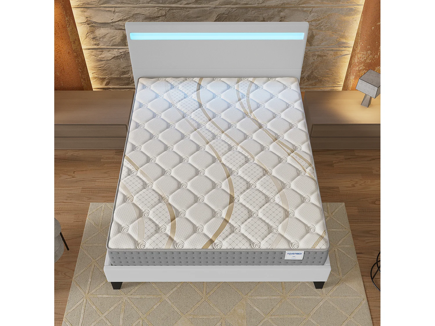 Ensemble Matelas + lit 140x190 cm, Matelas 25cm ressorts ensachés, accueil mousse, lit à tête de lit LED similicuir blanc
