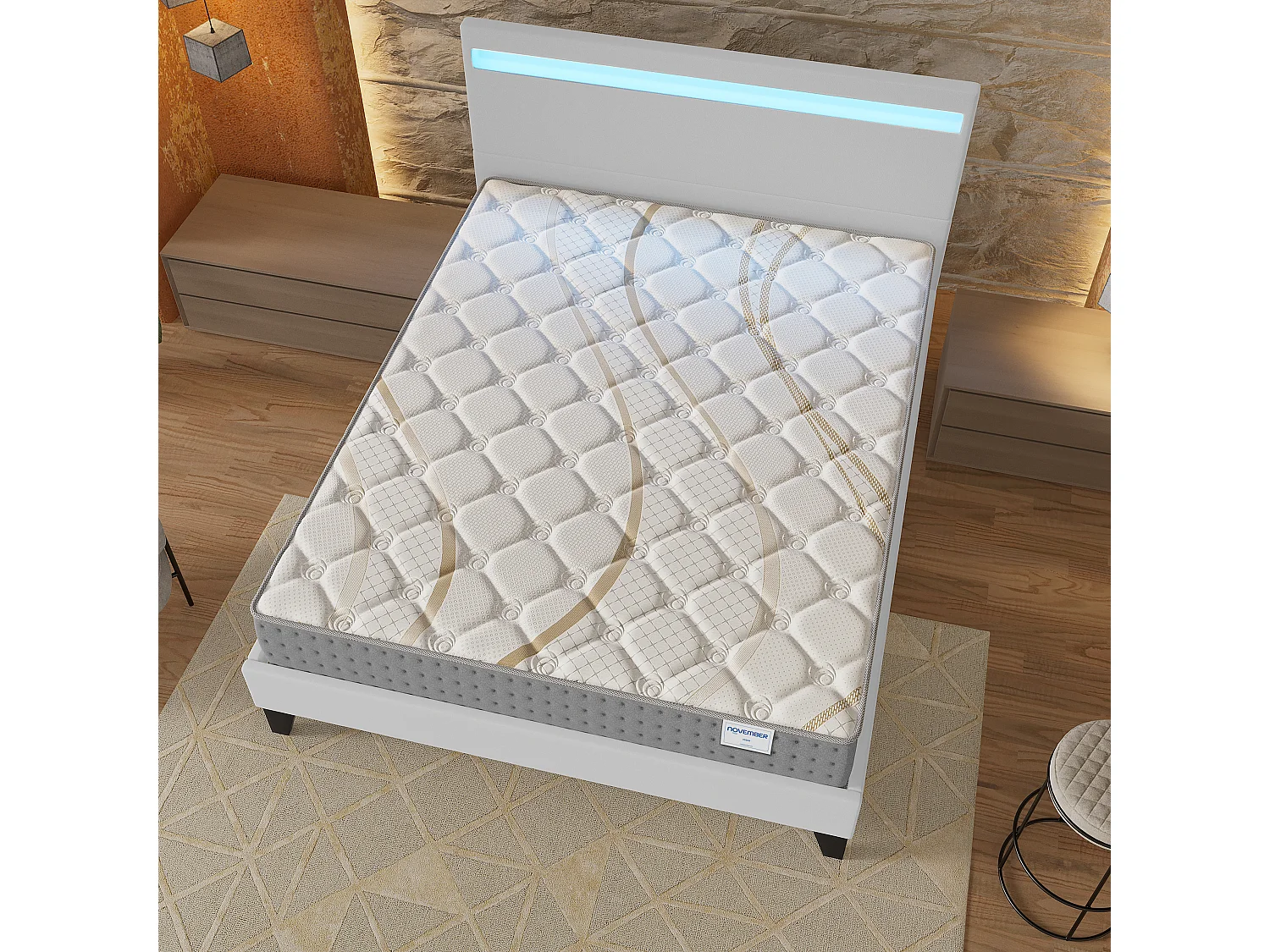 Ensemble Matelas + lit 140x190 cm, Matelas 25cm ressorts ensachés, accueil mousse, lit à tête de lit LED similicuir blanc