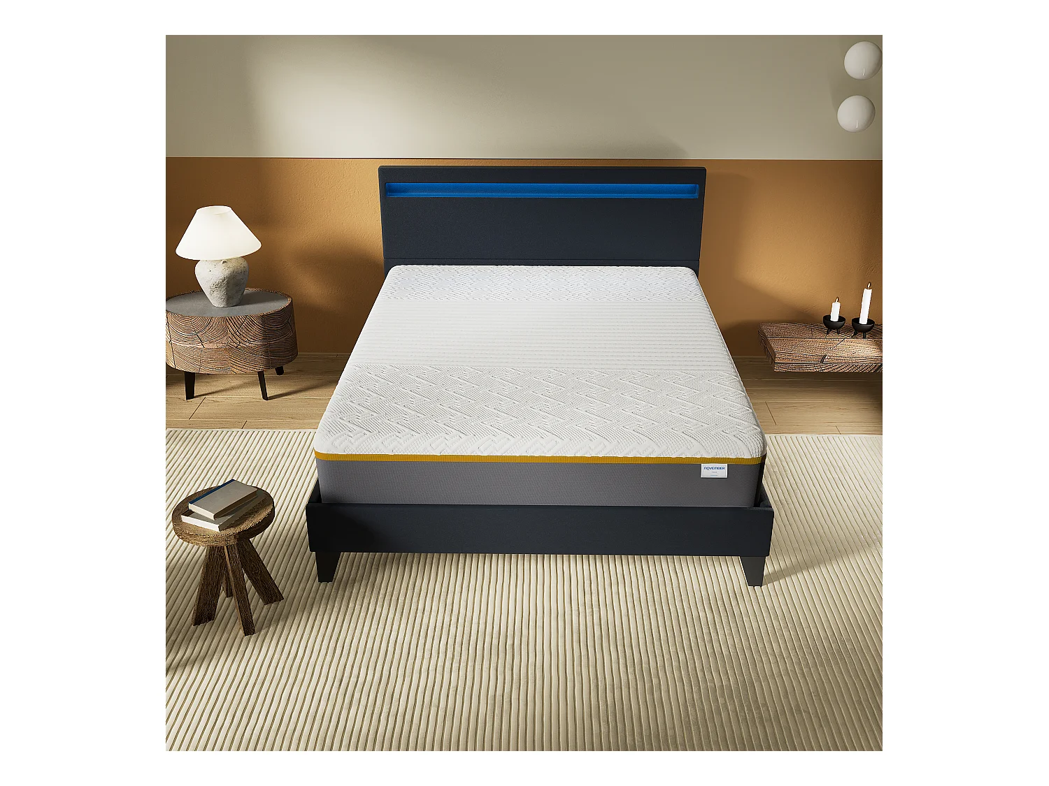 Ensemble Matelas Mousse + Lit Avec Tête De Lit 140x200cm Epaisseur 28cm Ferme Accueil Latex Naturel