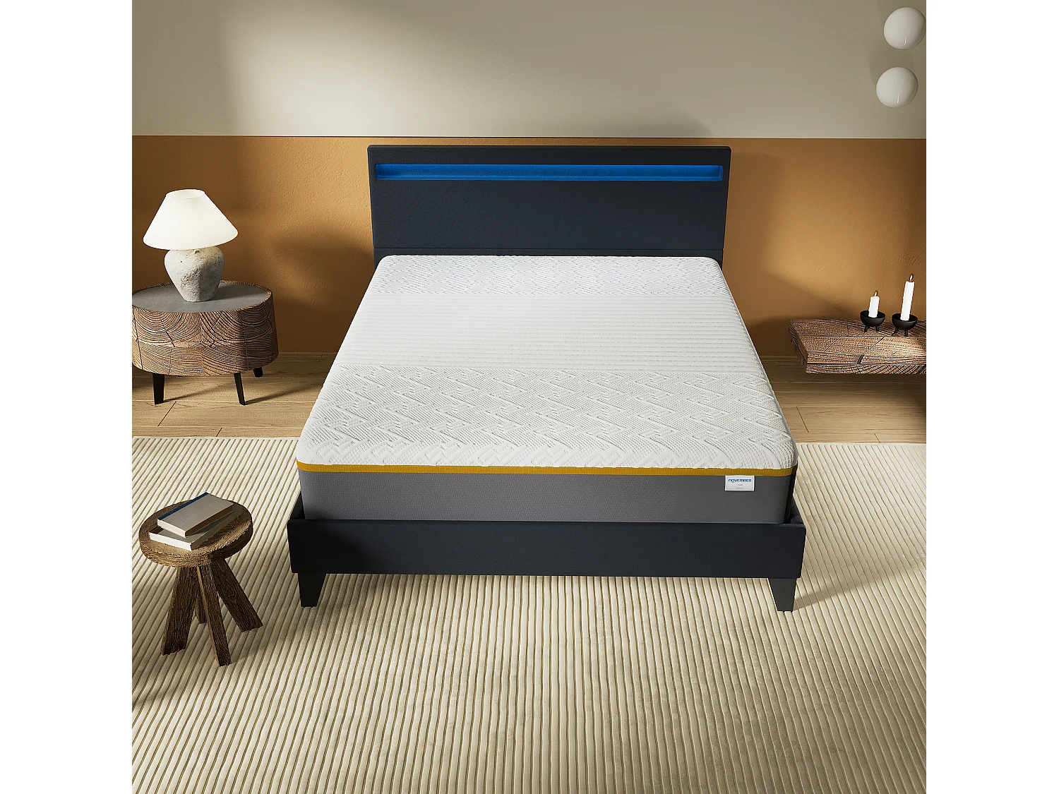Ensemble Matelas Mousse + Lit Avec Tête De Lit 140x200cm Epaisseur 28cm Ferme Accueil Latex Naturel