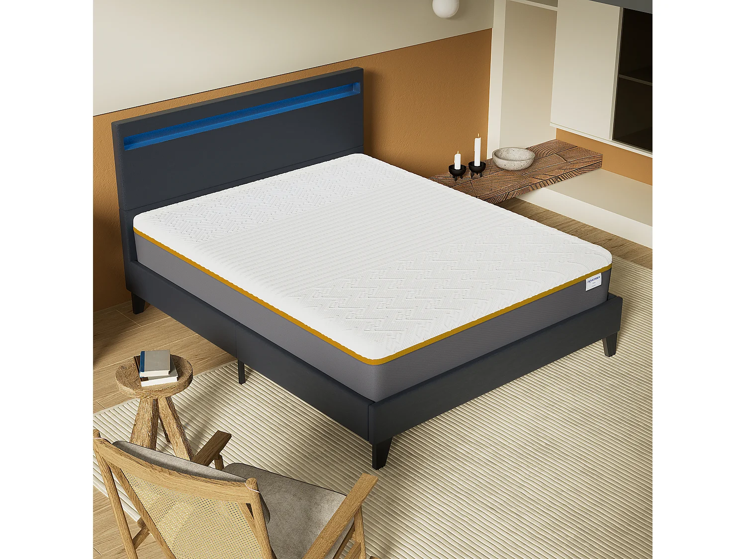 Ensemble Matelas Mousse + Lit Avec Tête De Lit 140x200cm Epaisseur 28cm Ferme Accueil Latex Naturel