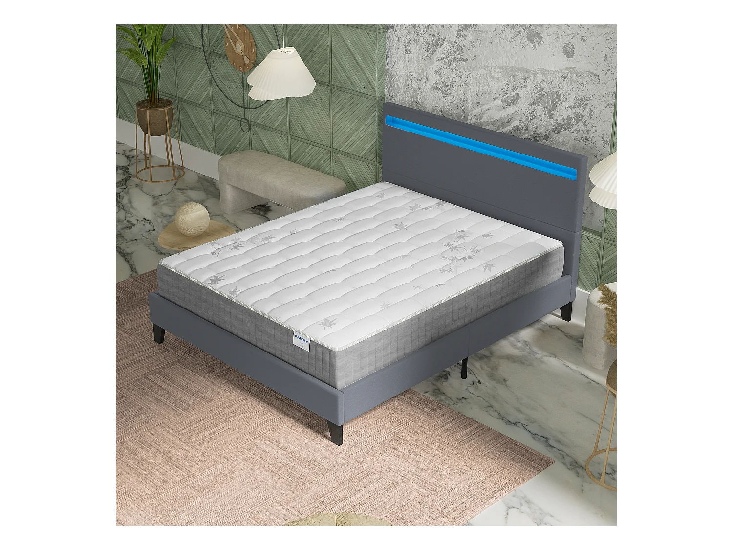 Ensemble Matelas + lit 140x200 cm, Matelas 25cm ressorts ensachés + mémoire de forme, lit à tête de lit LED similicuir gris