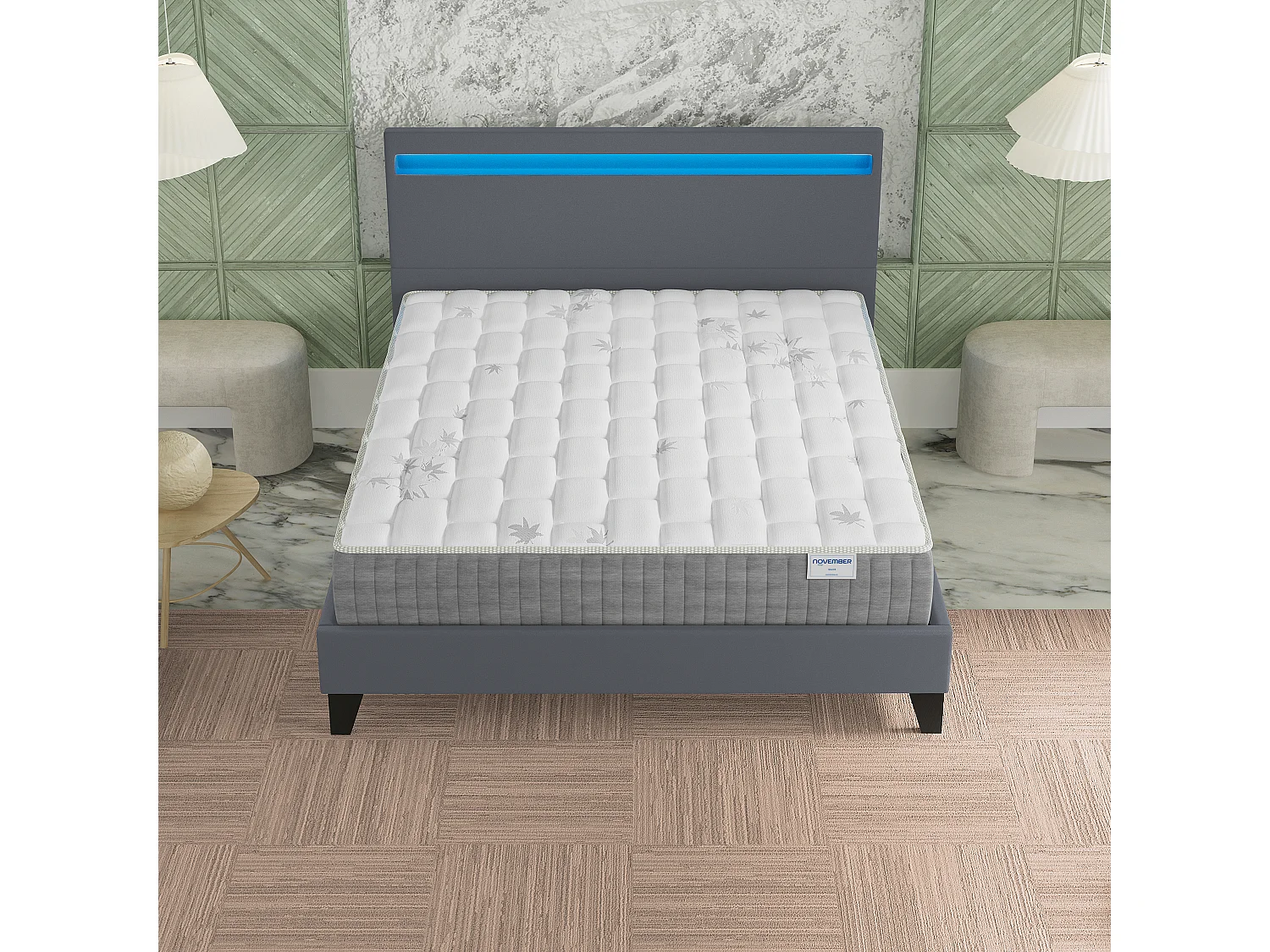 Ensemble Matelas + lit 140x200 cm, Matelas 25cm ressorts ensachés + mémoire de forme, lit à tête de lit LED similicuir gris