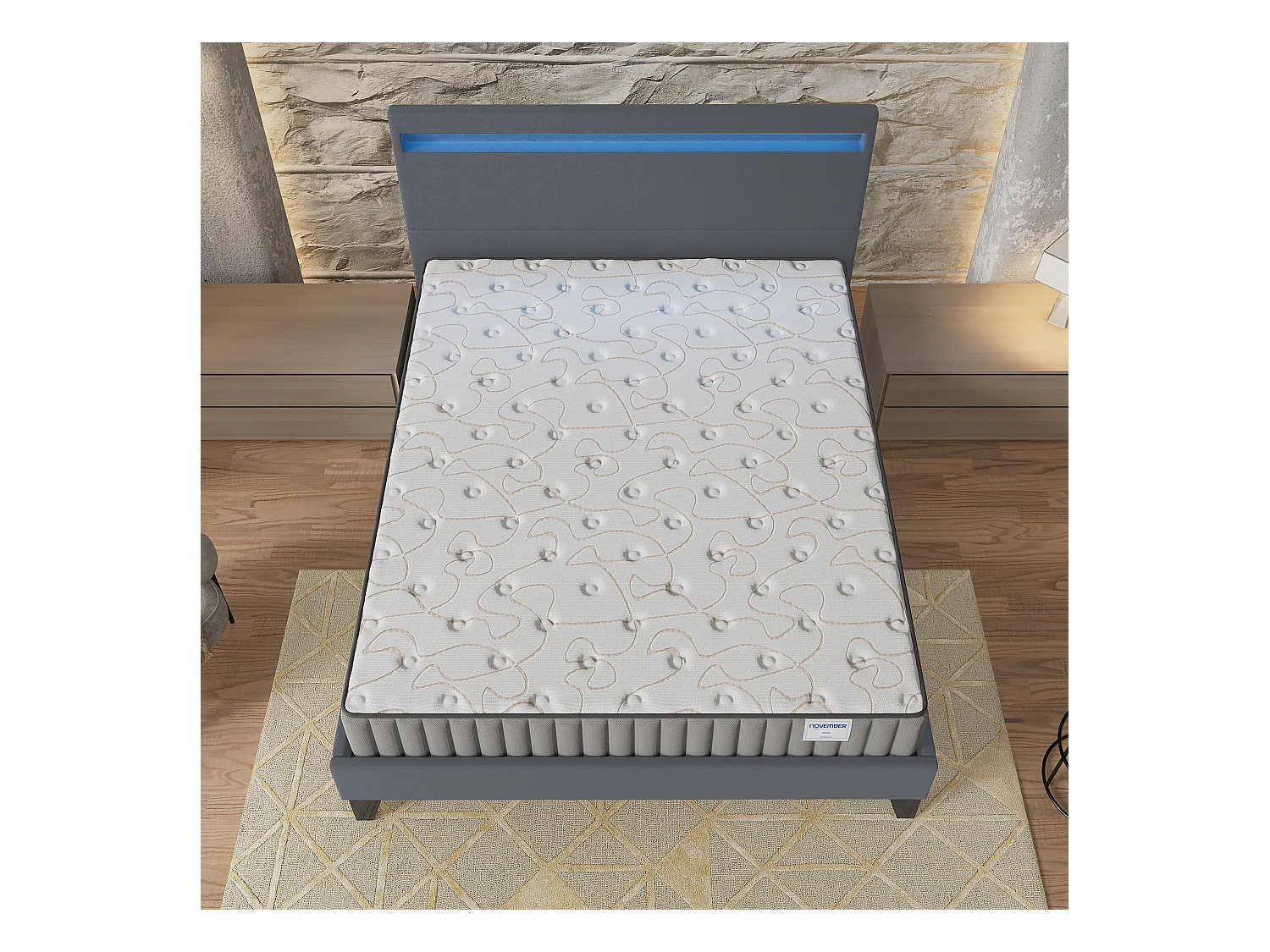 Ensemble Matelas + lit 160x200 cm, Matelas 16cm mousse, accueil mémoire de forme, lit à tête de lit LED similicuir gris