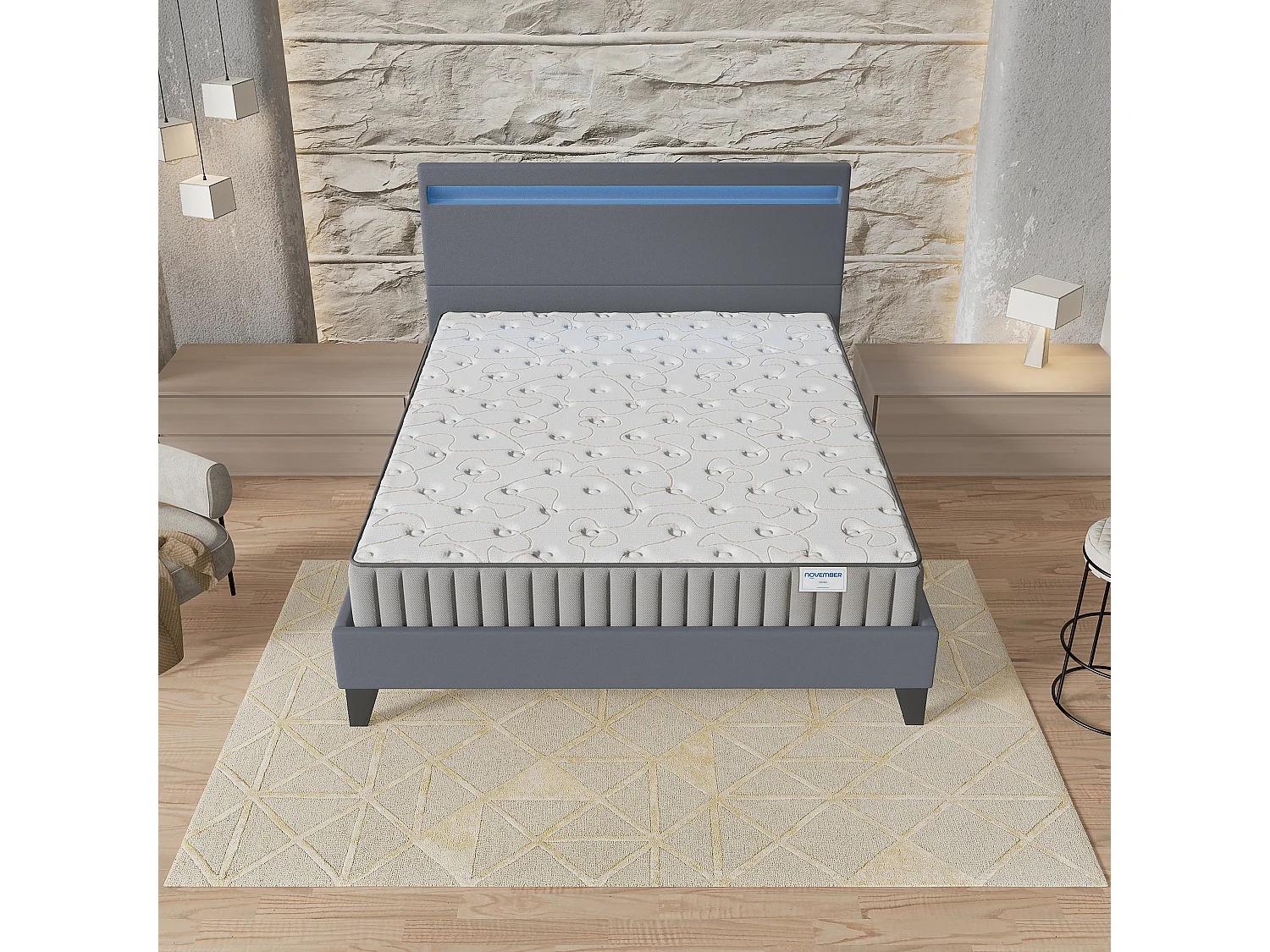 Ensemble Matelas + lit 160x200 cm, Matelas 16cm mousse, accueil mémoire de forme, lit à tête de lit LED similicuir gris