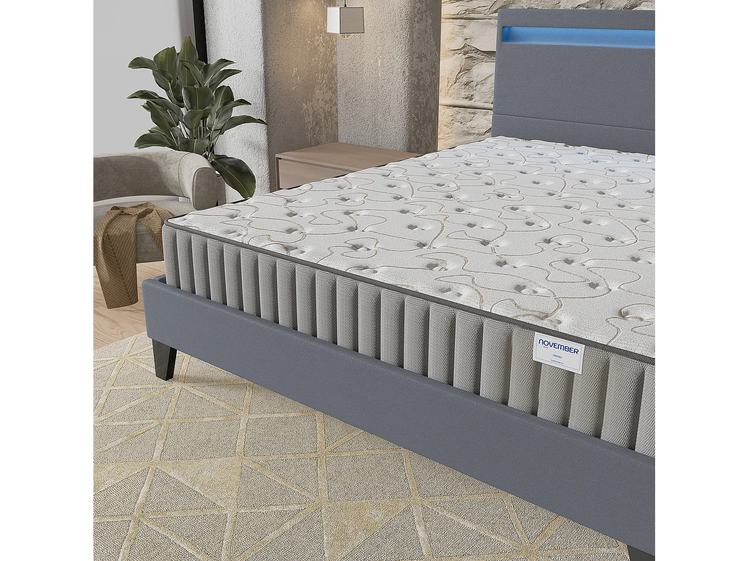 Ensemble Matelas + lit 160x200 cm, Matelas 16cm mousse, accueil mémoire de forme, lit à tête de lit LED similicuir gris