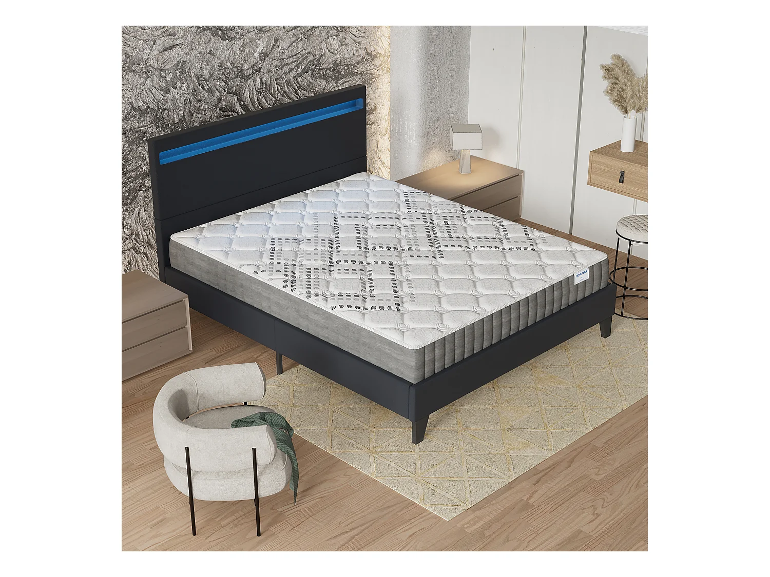 Ensemble Matelas + lit 140x190 cm, Matelas 20cm ressorts ensachés, accueil mousse, lit à tête de lit LED similicuir noir