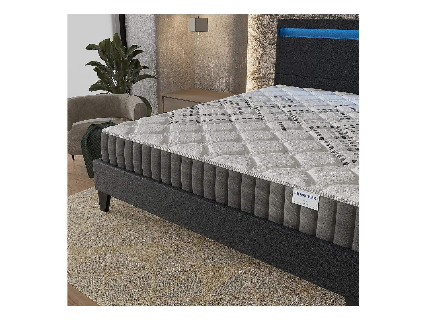 Ensemble Matelas + lit 140x190 cm, Matelas 20cm ressorts ensachés, accueil mousse, lit à tête de lit LED similicuir noir