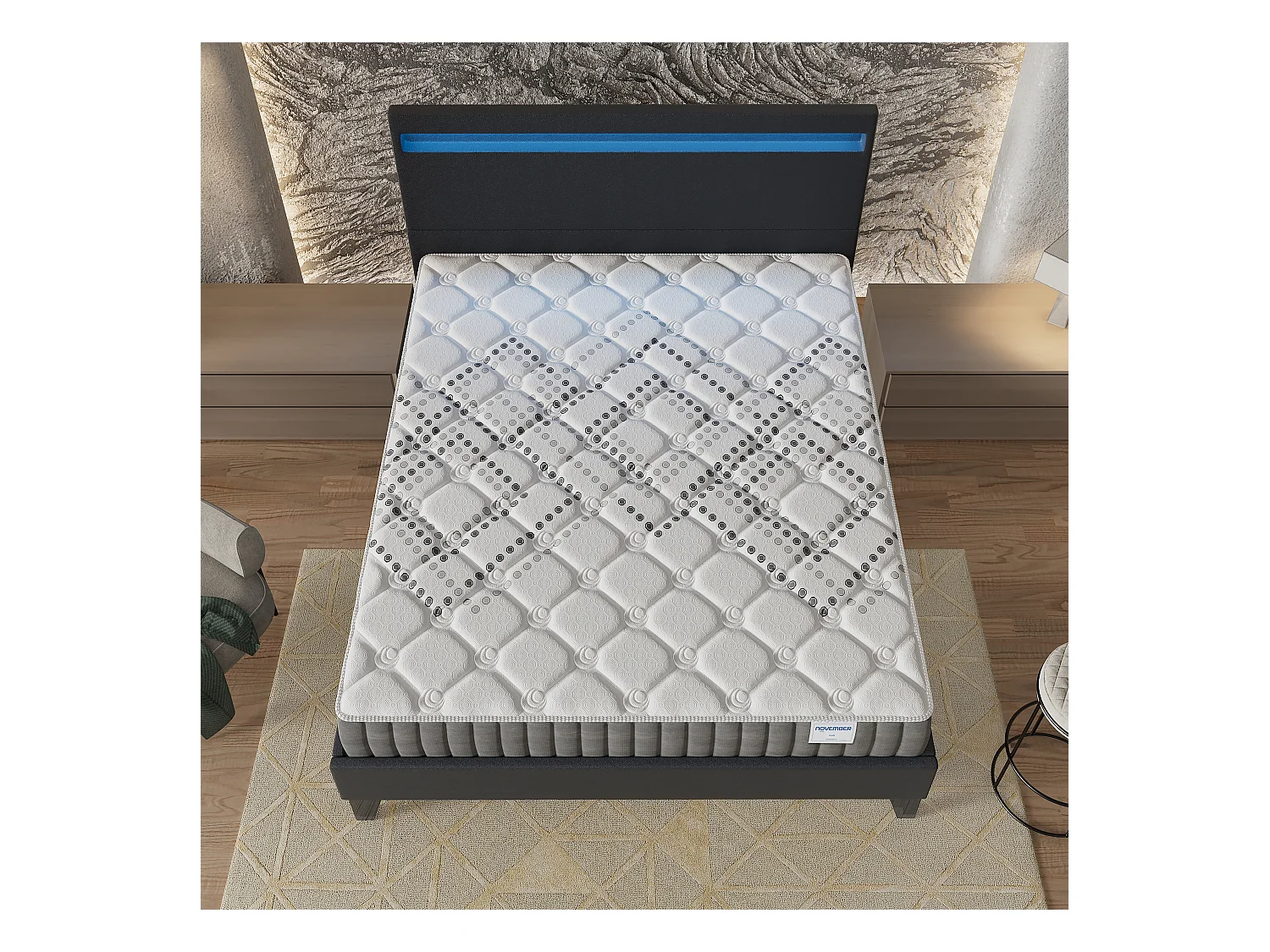 Ensemble Matelas + lit 140x190 cm, Matelas 20cm ressorts ensachés, accueil mousse, lit à tête de lit LED similicuir noir