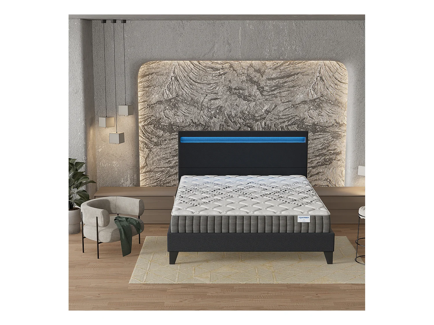 Ensemble Matelas + lit 140x190 cm, Matelas 20cm ressorts ensachés, accueil mousse, lit à tête de lit LED similicuir noir