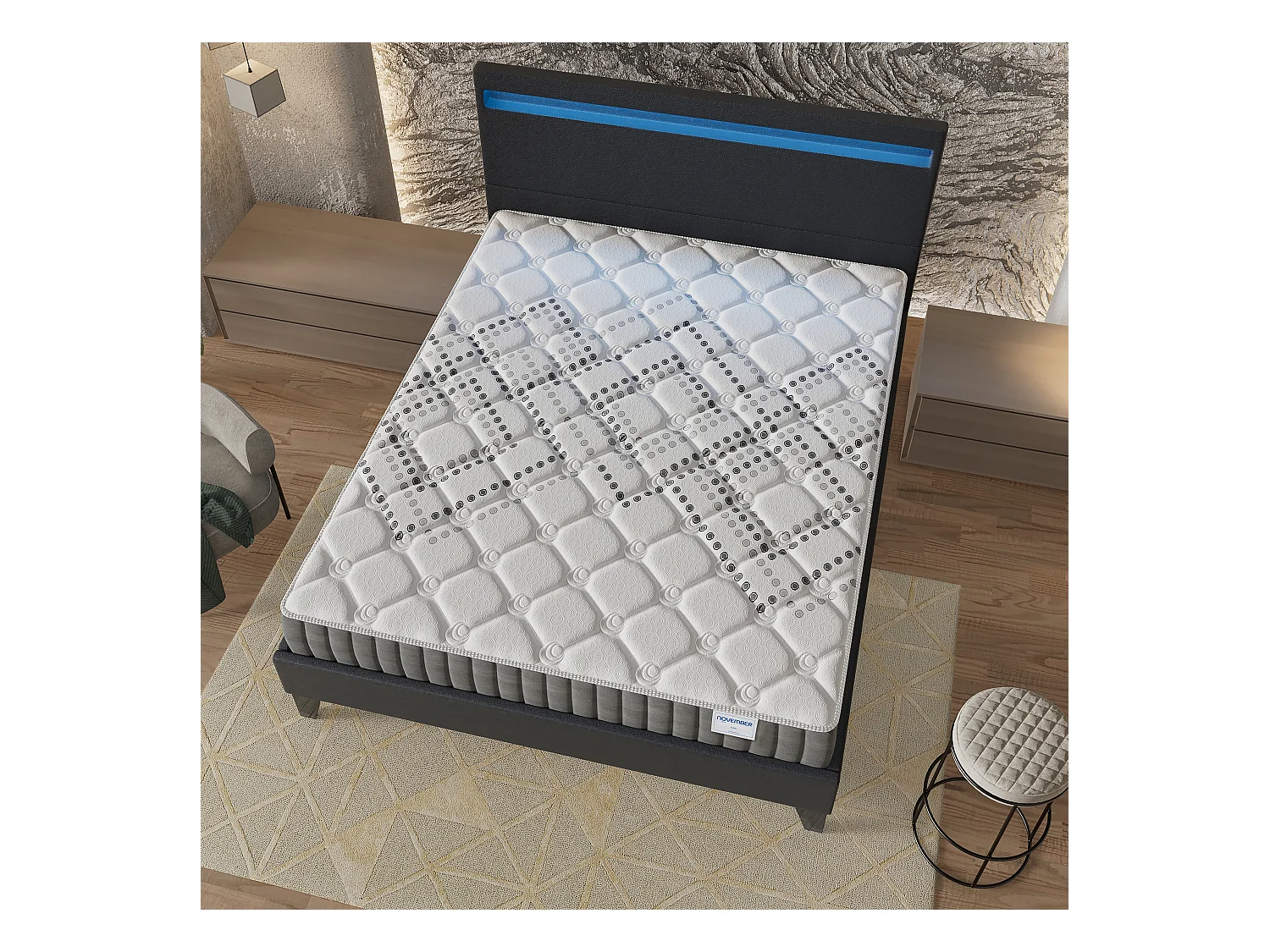 Ensemble Matelas + lit 140x190 cm, Matelas 20cm ressorts ensachés, accueil mousse, lit à tête de lit LED similicuir noir