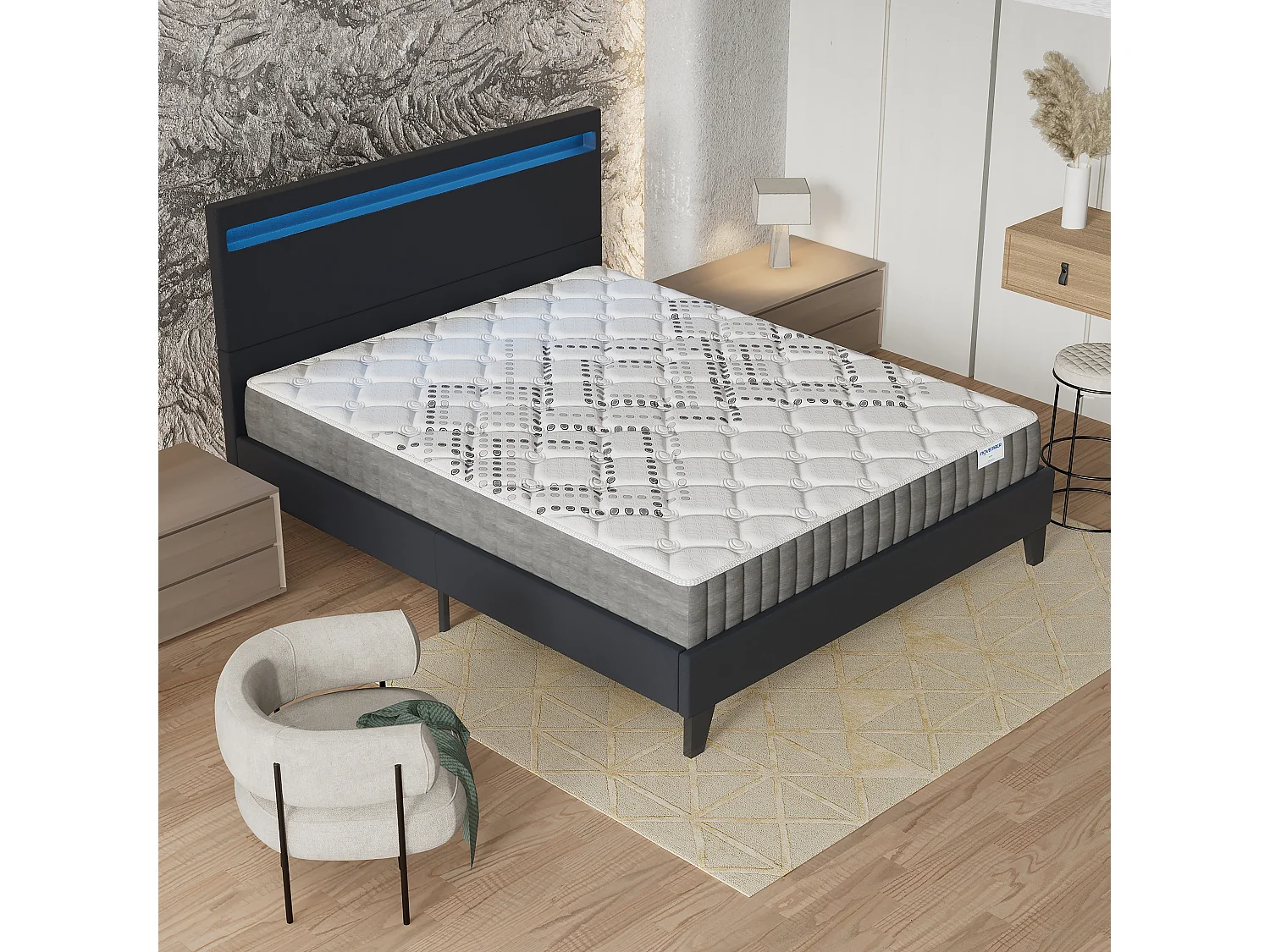 Ensemble Matelas + lit 140x190 cm, Matelas 20cm ressorts ensachés, accueil mousse, lit à tête de lit LED similicuir noir