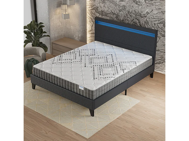 Ensemble Matelas + lit 140x190 cm, Matelas 20cm ressorts ensachés, accueil mousse, lit à tête de lit LED similicuir noir