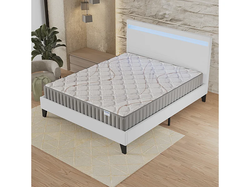 Ensemble Matelas + lit 120x190 cm, Matelas 16cm mousse, accueil latex, lit à tête de lit LED similicuir blanc