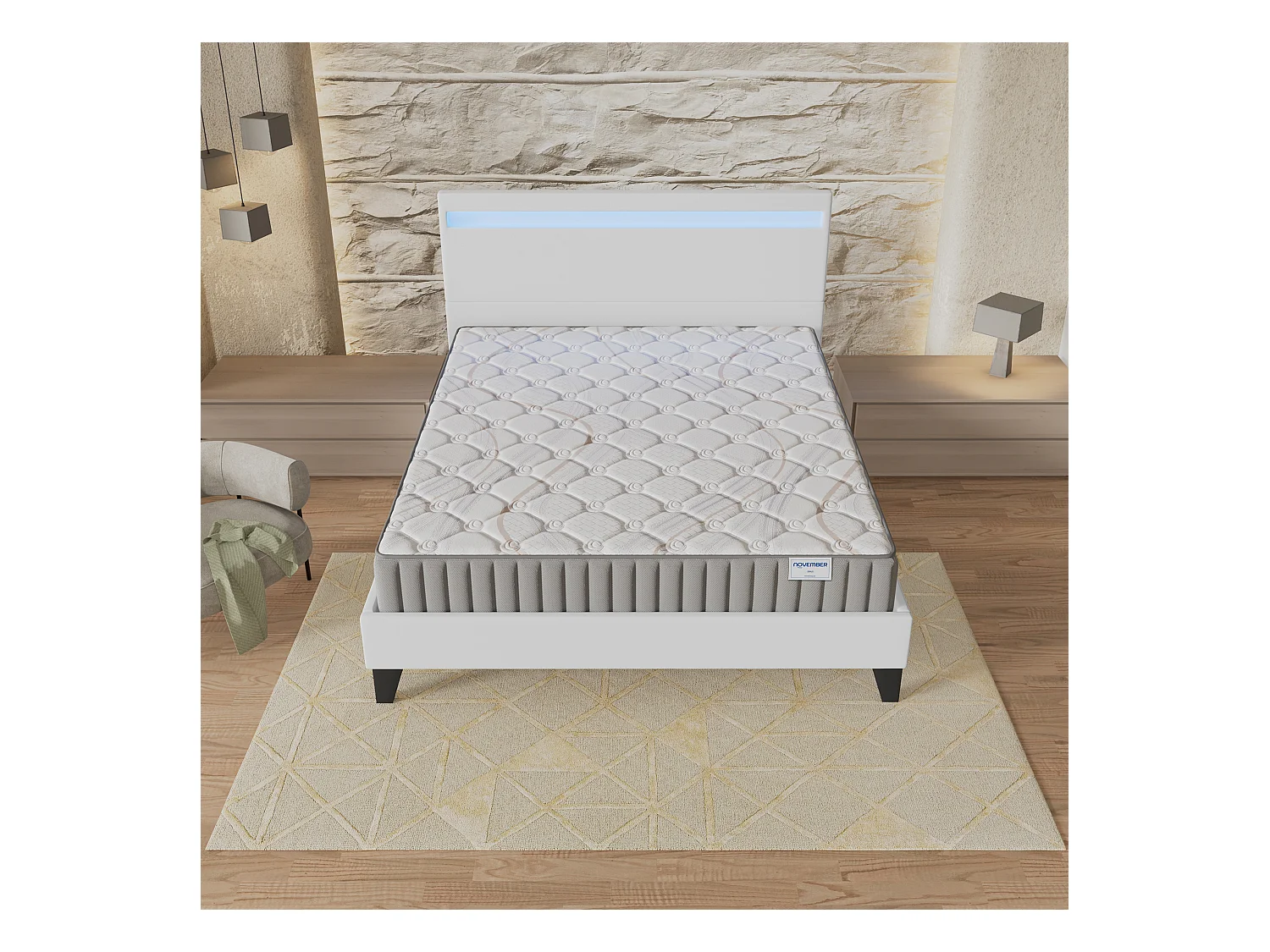 Ensemble Matelas + lit 120x190 cm, Matelas 16cm mousse, accueil latex, lit à tête de lit LED similicuir blanc