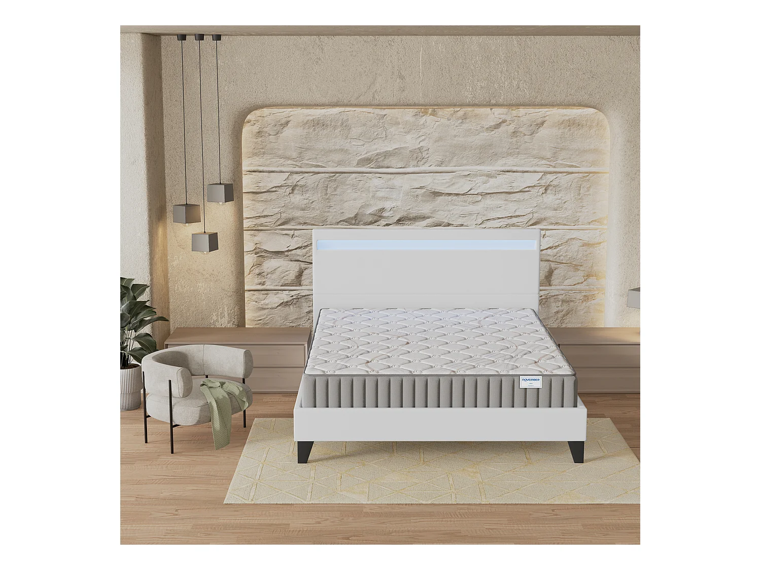 Ensemble Matelas + lit 120x190 cm, Matelas 16cm mousse, accueil latex, lit à tête de lit LED similicuir blanc