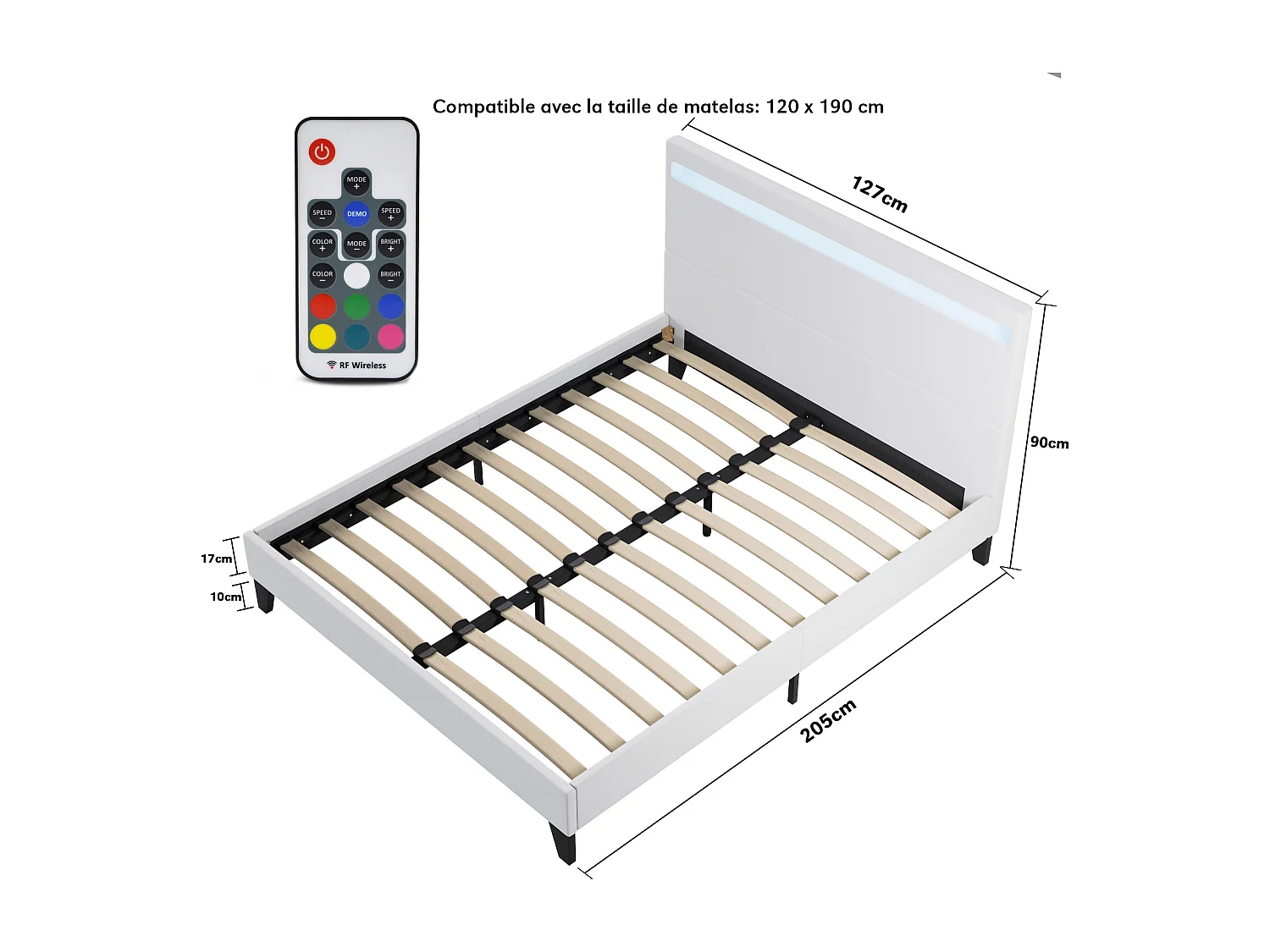 Ensemble Matelas + lit 120x190 cm, Matelas 16cm mousse, accueil latex, lit à tête de lit LED similicuir blanc