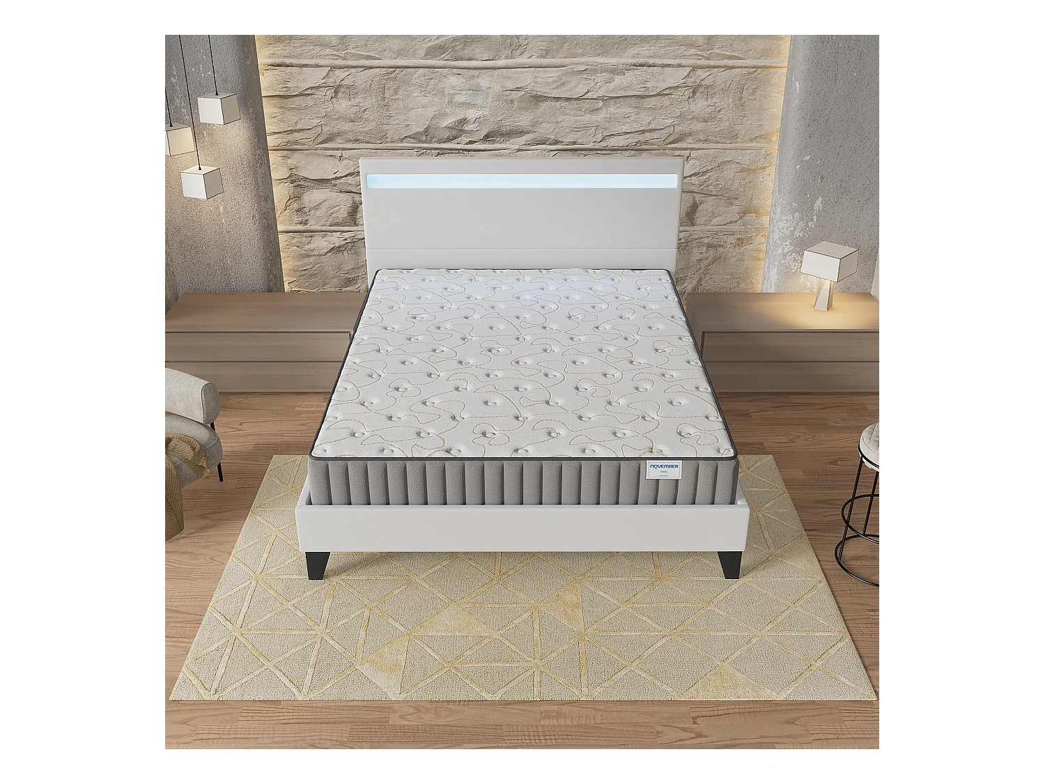 Ensemble Matelas + lit 140x200 cm, Matelas 16cm mousse, accueil mémoire de forme, lit à tête de lit LED similicuir blanc