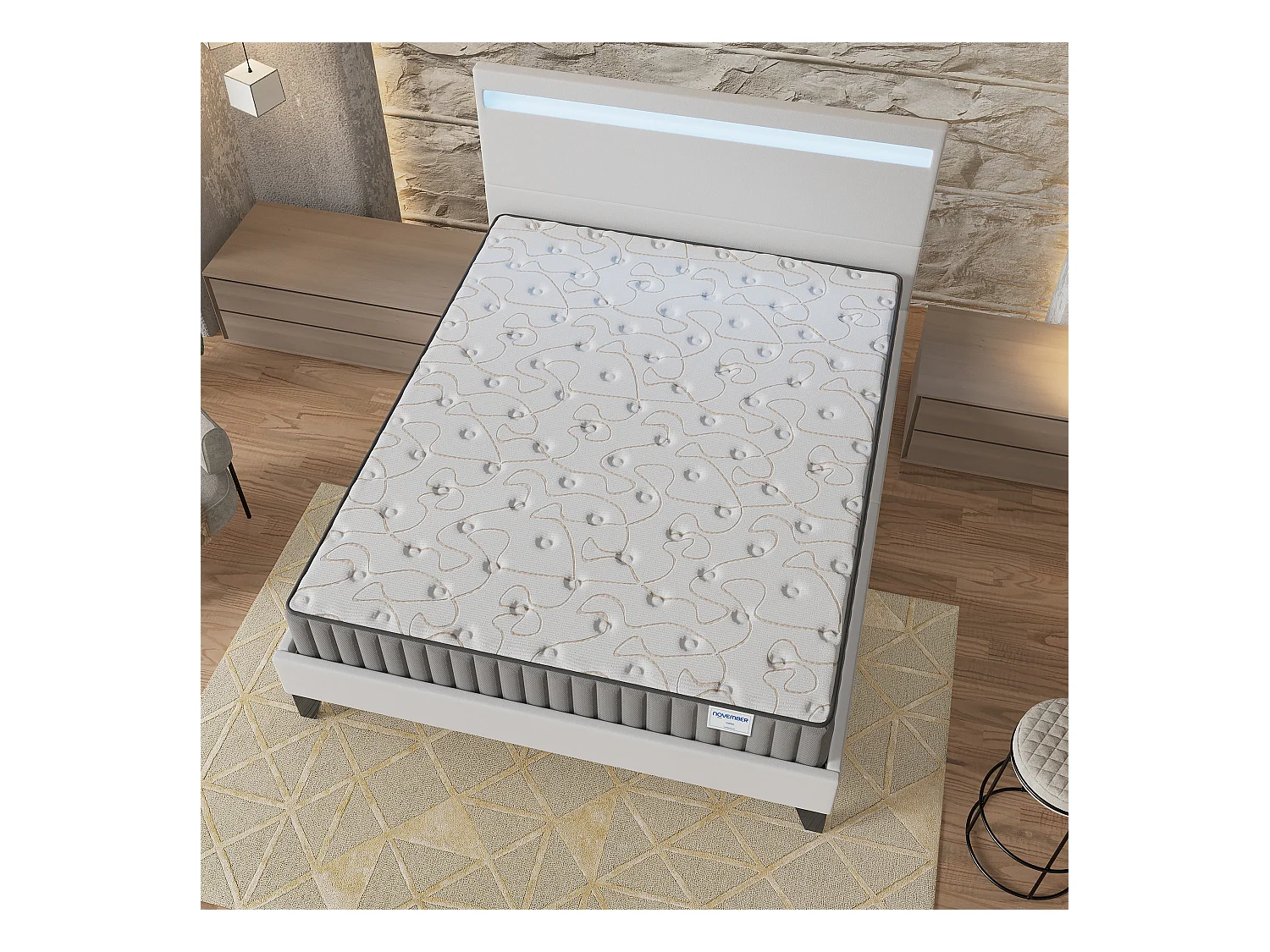 Ensemble Matelas + lit 140x200 cm, Matelas 16cm mousse, accueil mémoire de forme, lit à tête de lit LED similicuir blanc