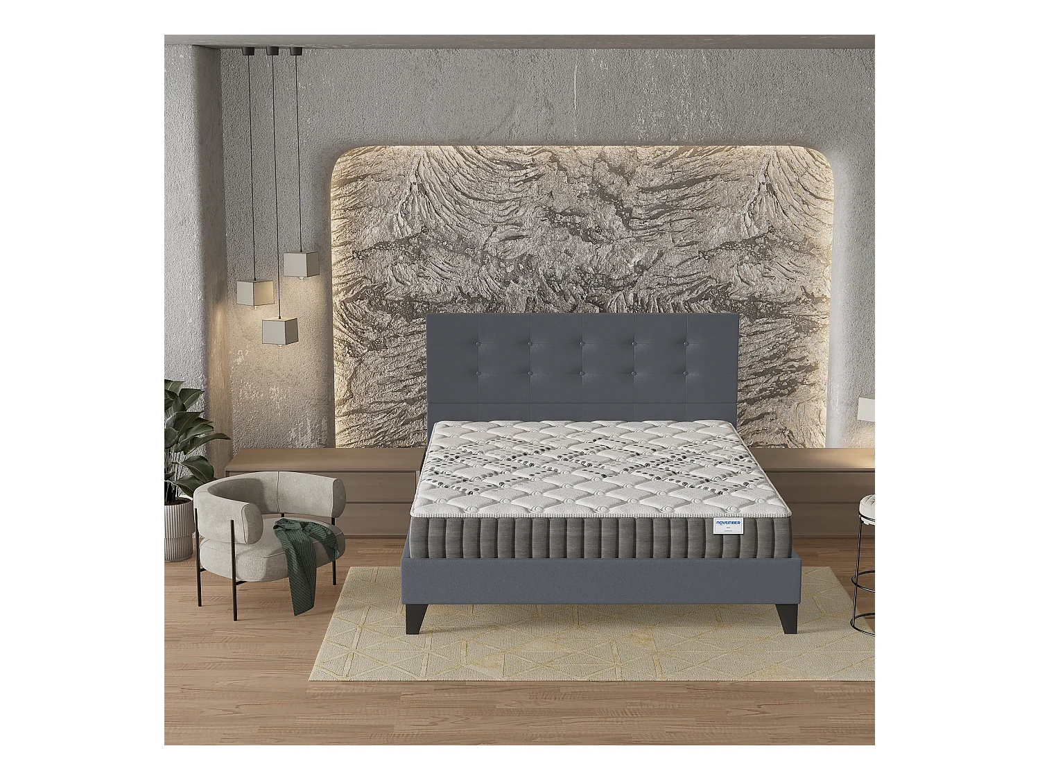 Ensemble 140x200 cm, lit avec tête de lit + matelas ressorts ensachés, ép.20cm accueil mousse HR