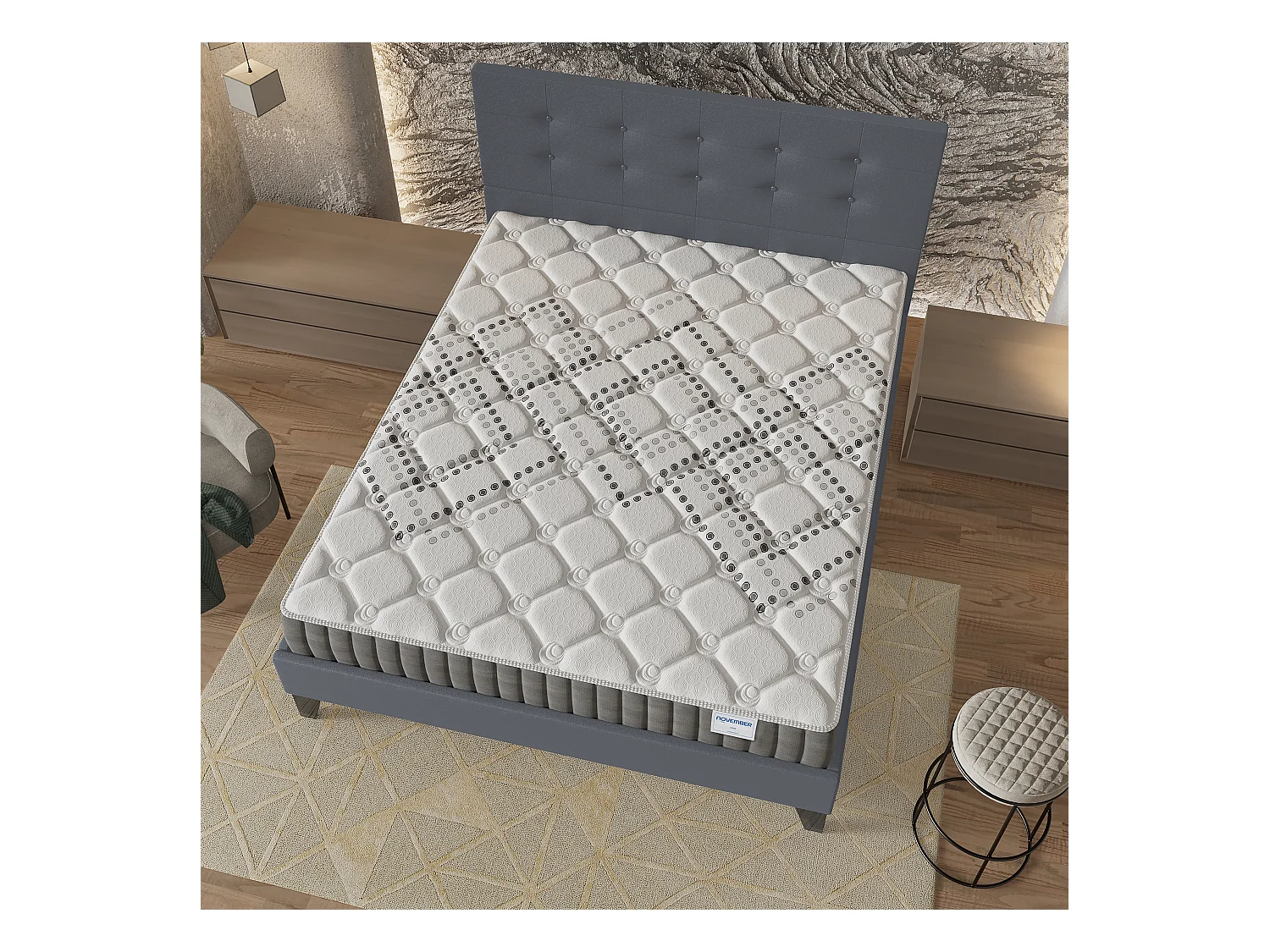 Ensemble 140x200 cm, lit avec tête de lit + matelas ressorts ensachés, ép.20cm accueil mousse HR