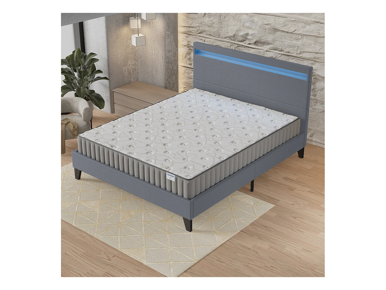 Ensemble Matelas + lit 120x190 cm, Matelas 22cm mousse, accueil mémoire de forme, lit à tête de lit LED similicuir gris