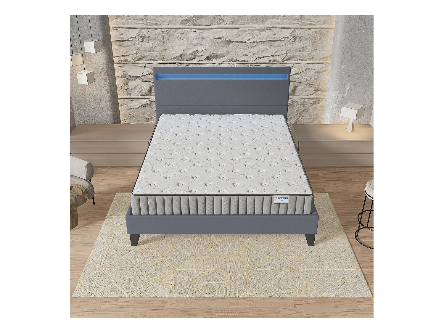 Ensemble Matelas + lit 120x190 cm, Matelas 22cm mousse, accueil mémoire de forme, lit à tête de lit LED similicuir gris