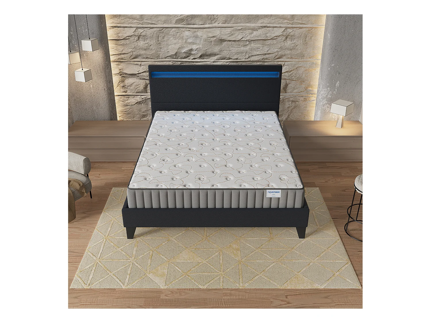 Ensemble Matelas + lit 160x200 cm, Matelas 16cm mousse, accueil mémoire de forme, lit à tête de lit LED similicuir noir