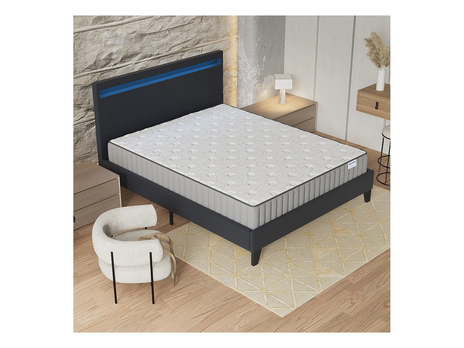Ensemble Matelas + lit 160x200 cm, Matelas 16cm mousse, accueil mémoire de forme, lit à tête de lit LED similicuir noir