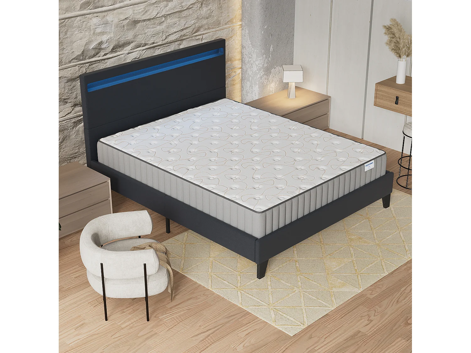 Ensemble Matelas + lit 120x190 cm, Matelas 16cm mousse, accueil mémoire de forme, lit à tête de lit LED similicuir noir