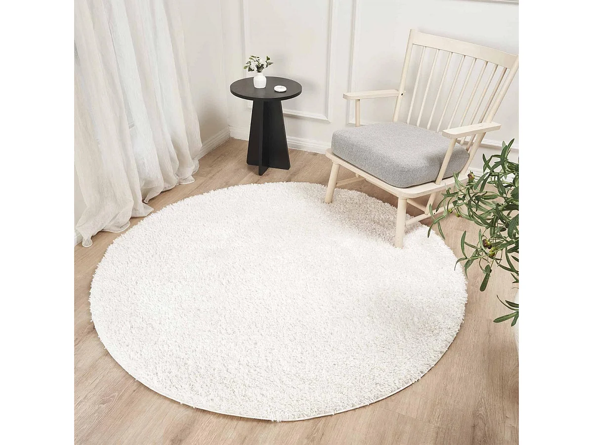 Tapis rond shaggy Ø160cm tissé crème motif uni LYN4 UNILA