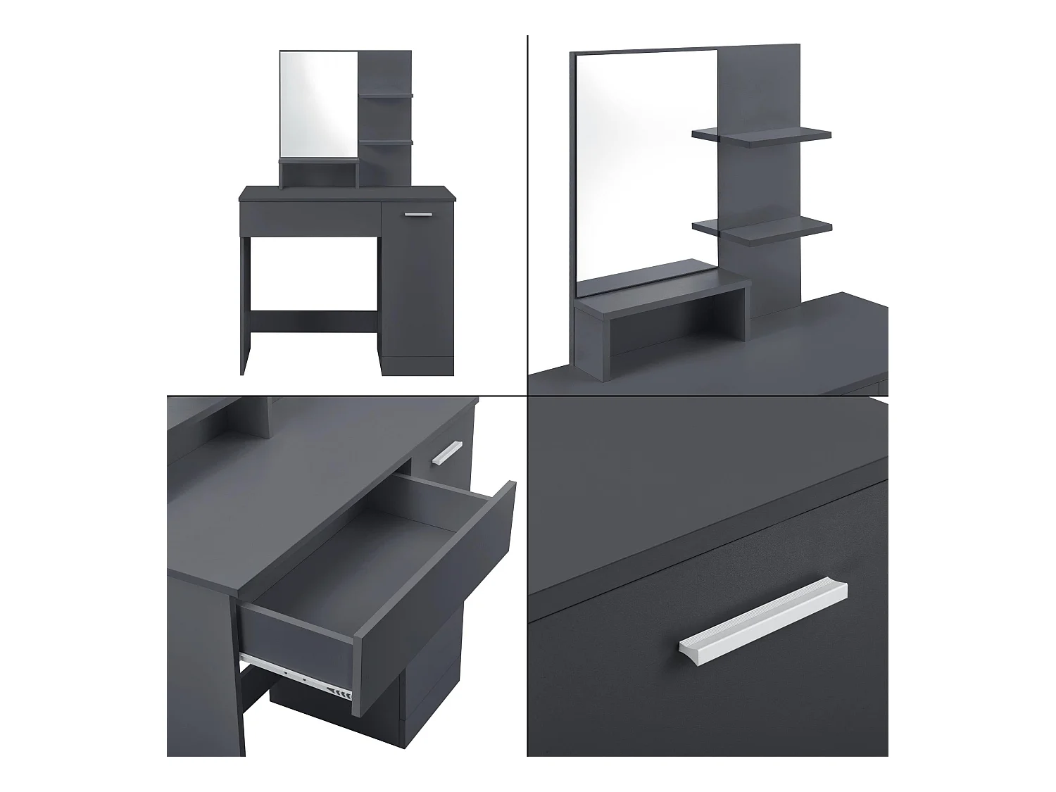 Tocador de diseño con espejo, estantes para cajones, cómoda de peluquería 138 cm gris oscuro 03_0005027