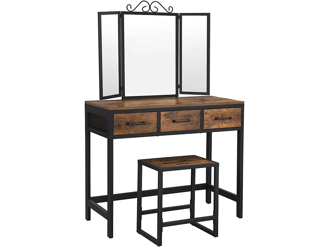 Tocador Juego de mesa de maquillaje con taburete con triple espejo, 3 cajones, estructura de acero, estilo industrial, 137,5 cm, marrón rústico y negro 12_0002334