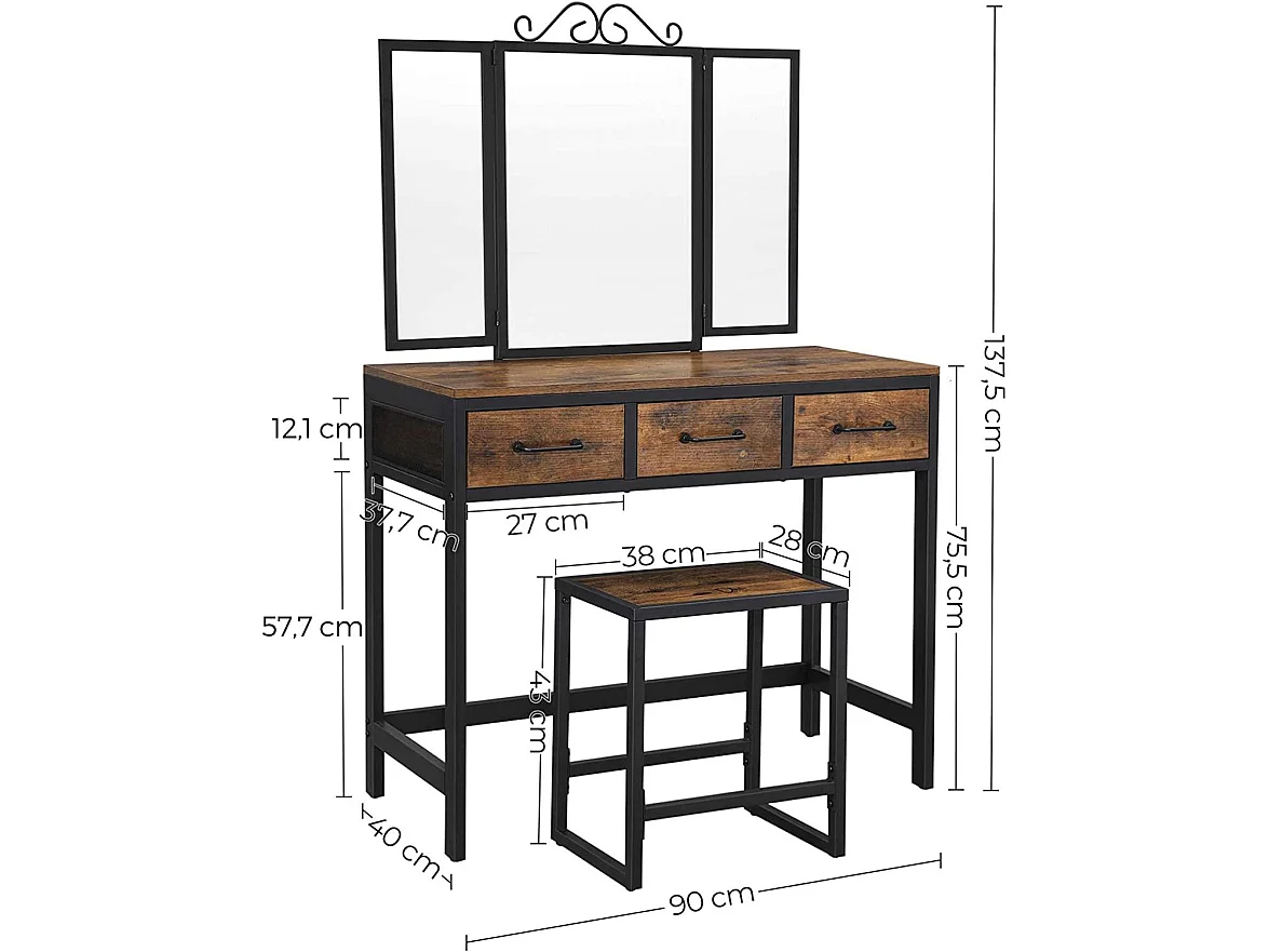 Tocador Juego de mesa de maquillaje con taburete con triple espejo, 3 cajones, estructura de acero, estilo industrial, 137,5 cm, marrón rústico y negro 12_0002334