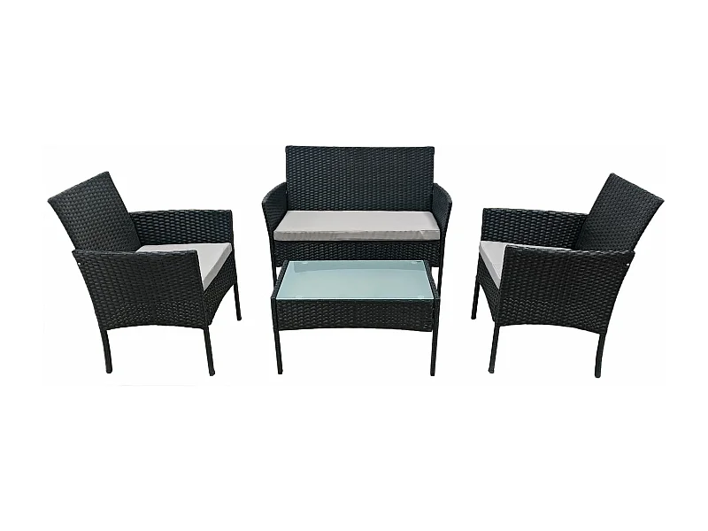 CORFOU tuinset in zwart gevlochten kunststof 4 zitplaatsen - grijze kussens