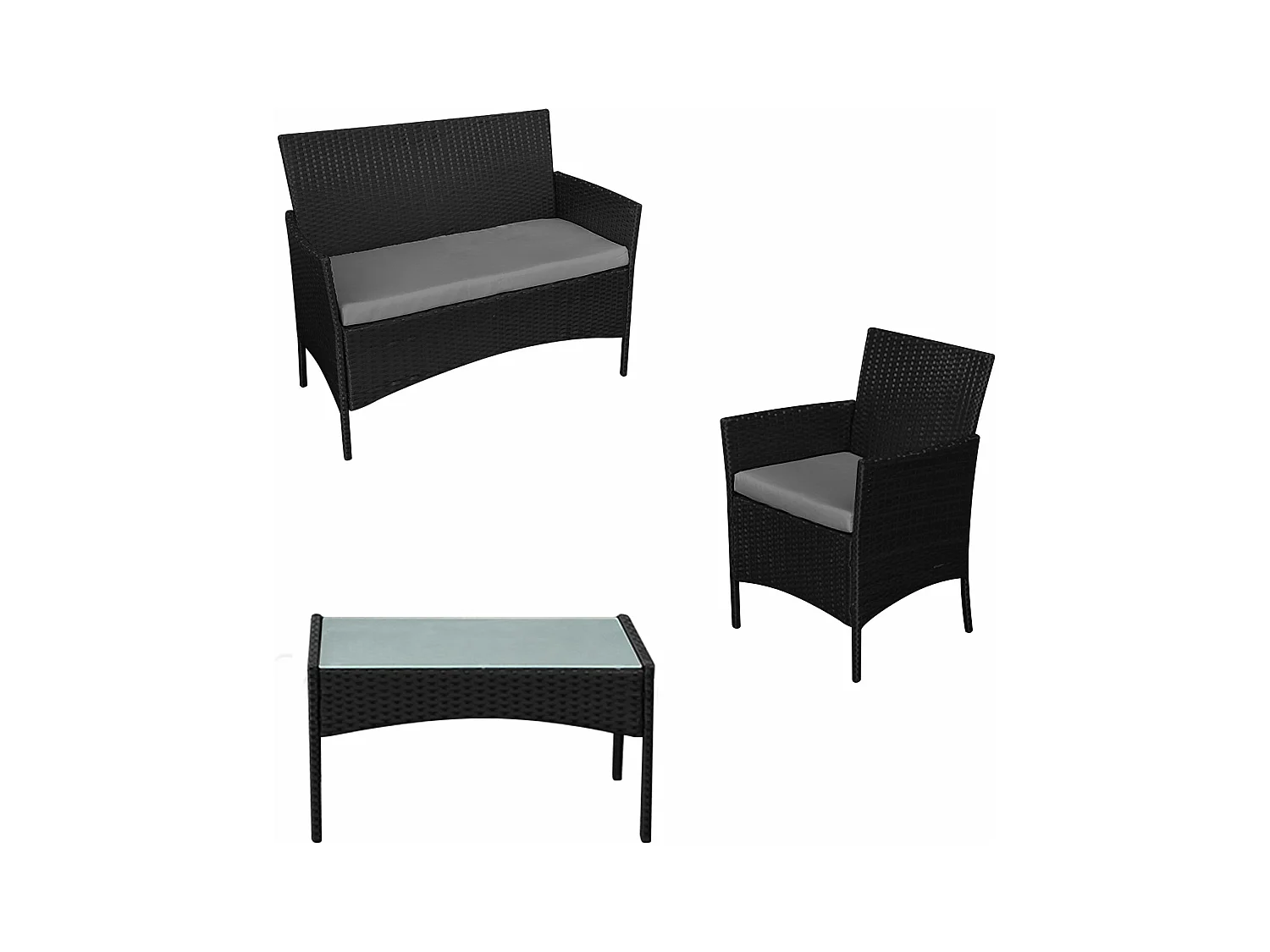 Salon de jardin CORFOU en résine tressée noire 4 places - coussins gris - HAPPY GARDEN