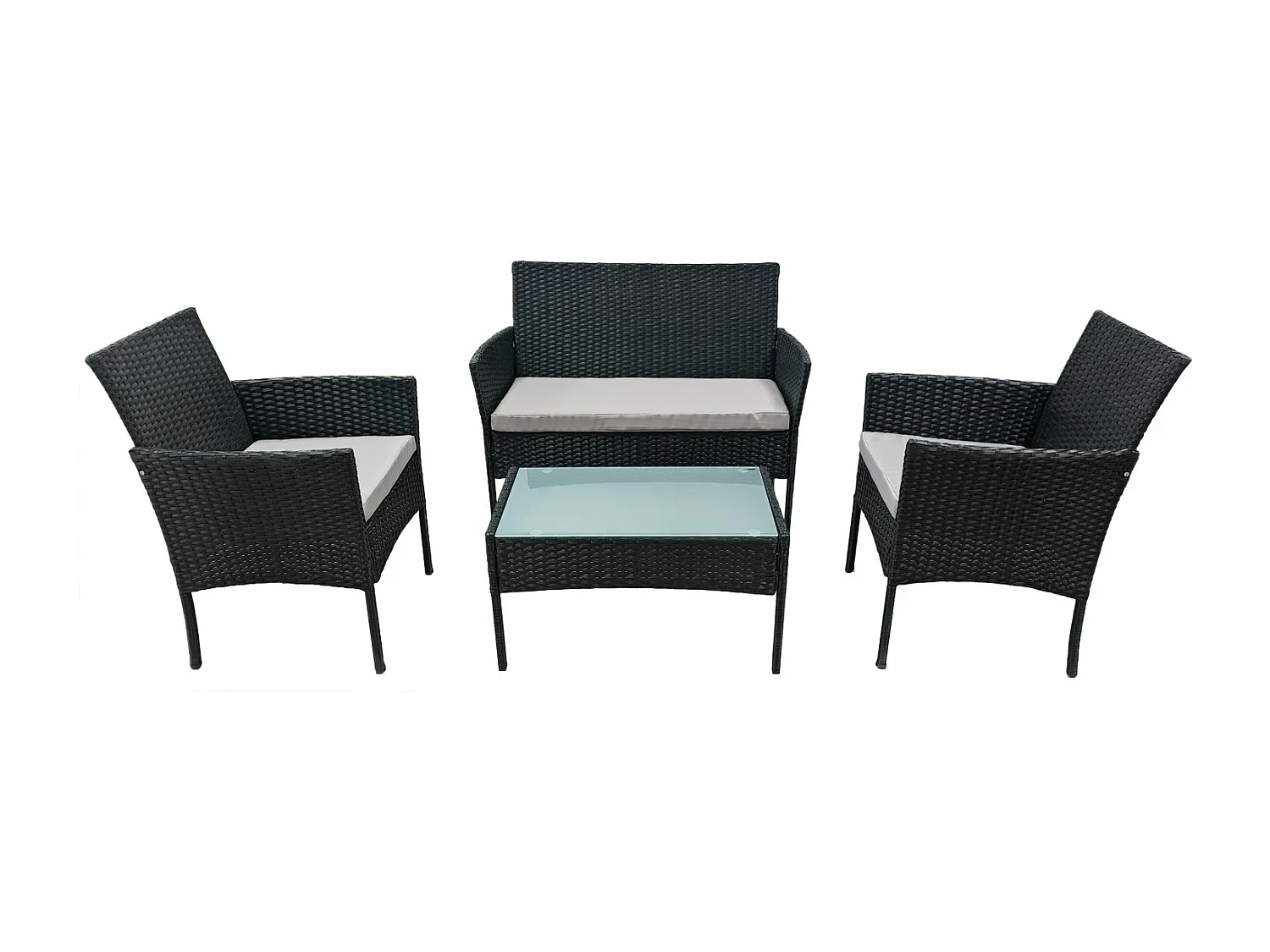 Salon de jardin CORFOU en résine tressée noire 4 places - coussins gris - HAPPY GARDEN