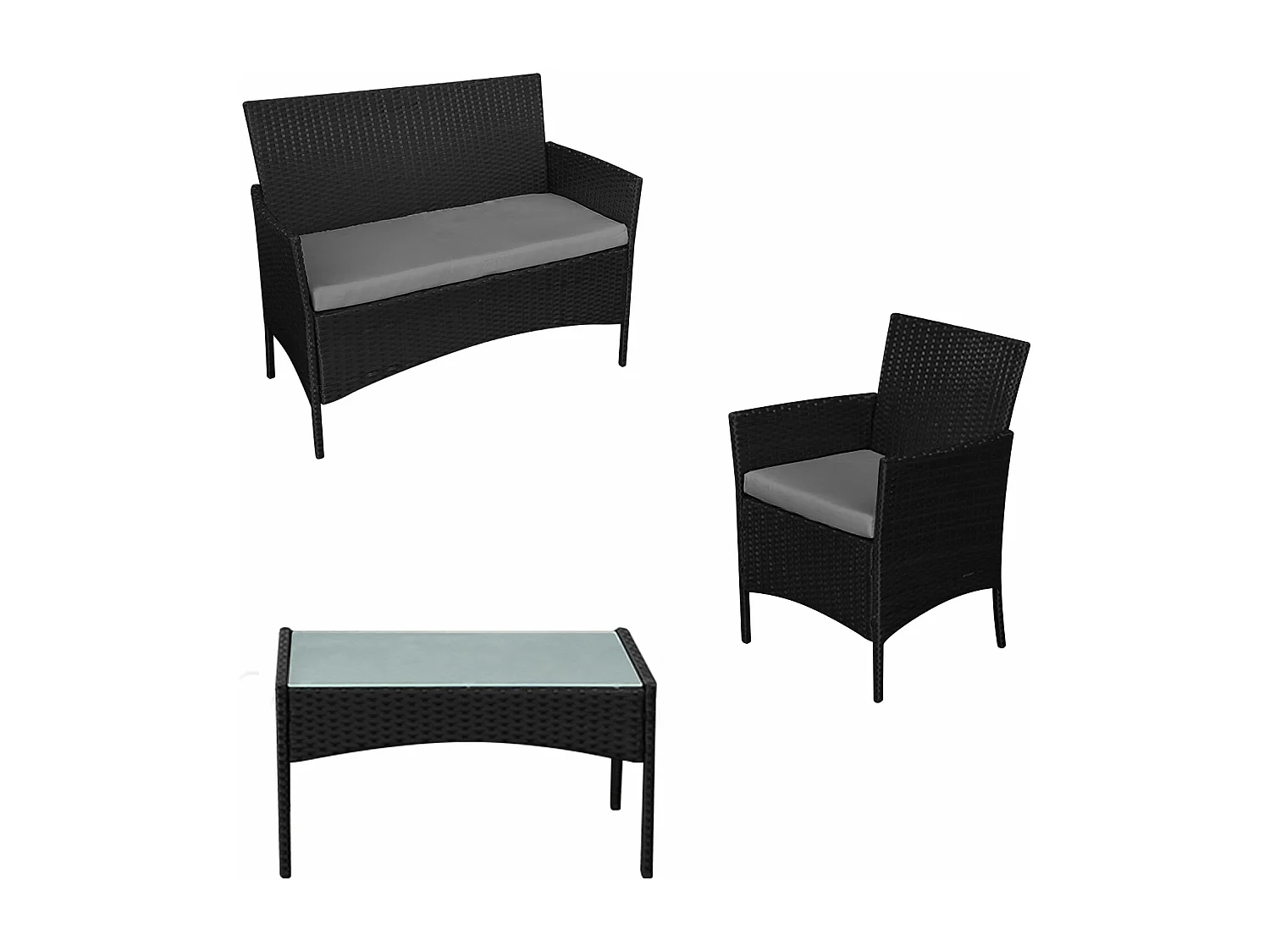 Salon de jardin CORFOU en résine tressée noire 4 places - coussins gris - HAPPY GARDEN